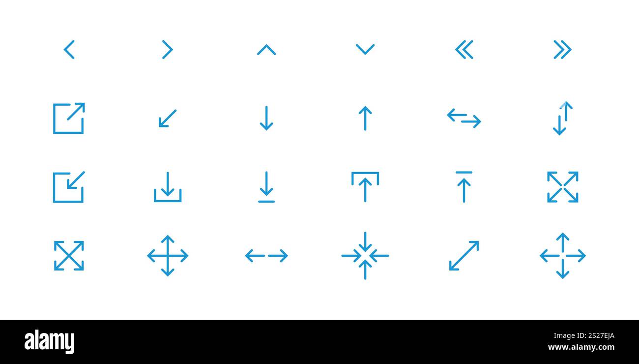 Symbolpaket für lineare Pfeile. Vektor dünne Linie Rechtspfeil, Minimieren, rechts drehen, diagonaler Pfeil, nach oben und unten, nach links und rechts, Anmeldung, Referenzen Stock Vektor