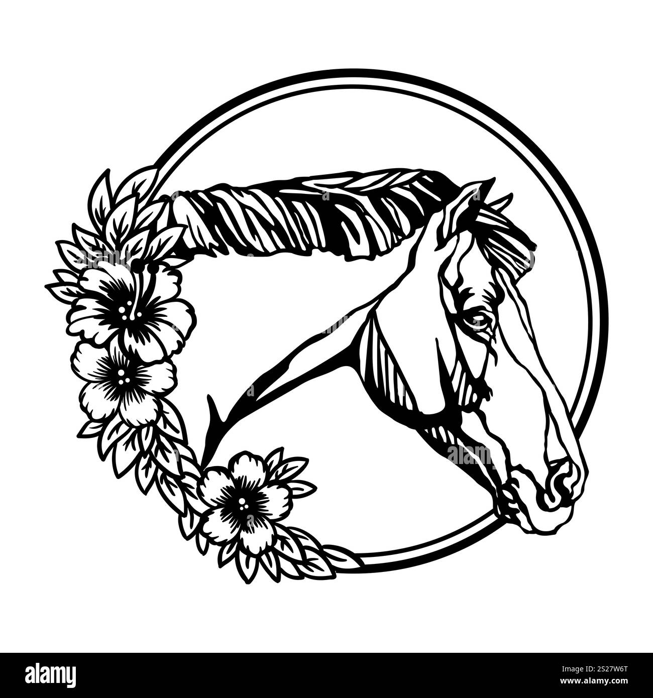 Pferdekopf mit Blumen in einer runden Form Vektor-Illustration Stock Vektor
