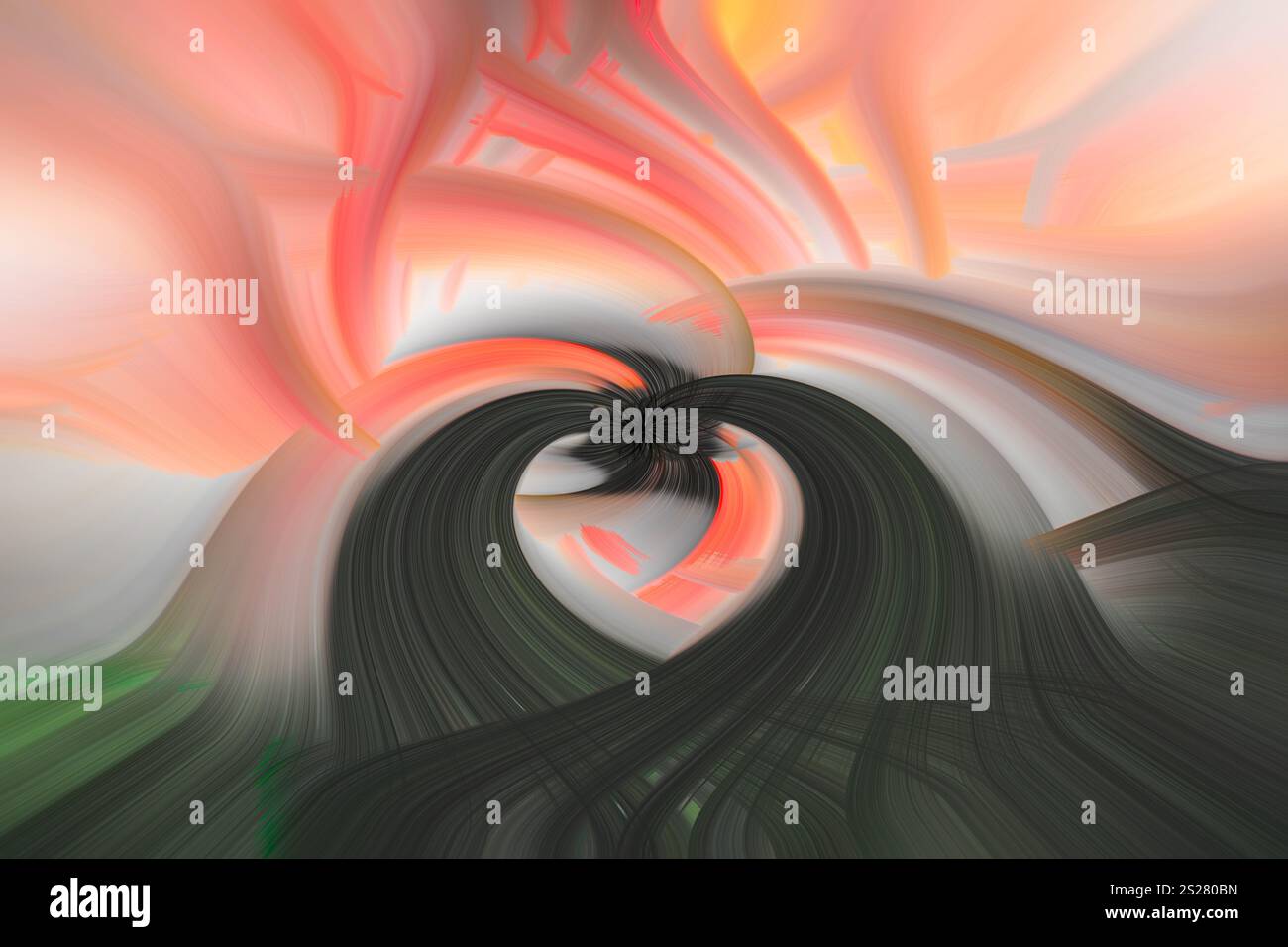 Abstrakte Herzform Charme von dunkelgrüner Welle im Vordergrund, helle pfirsichrosenfarbene Fantasy Lichtfaser Flamingos im Hintergrund. 3D-Optik Stockfoto