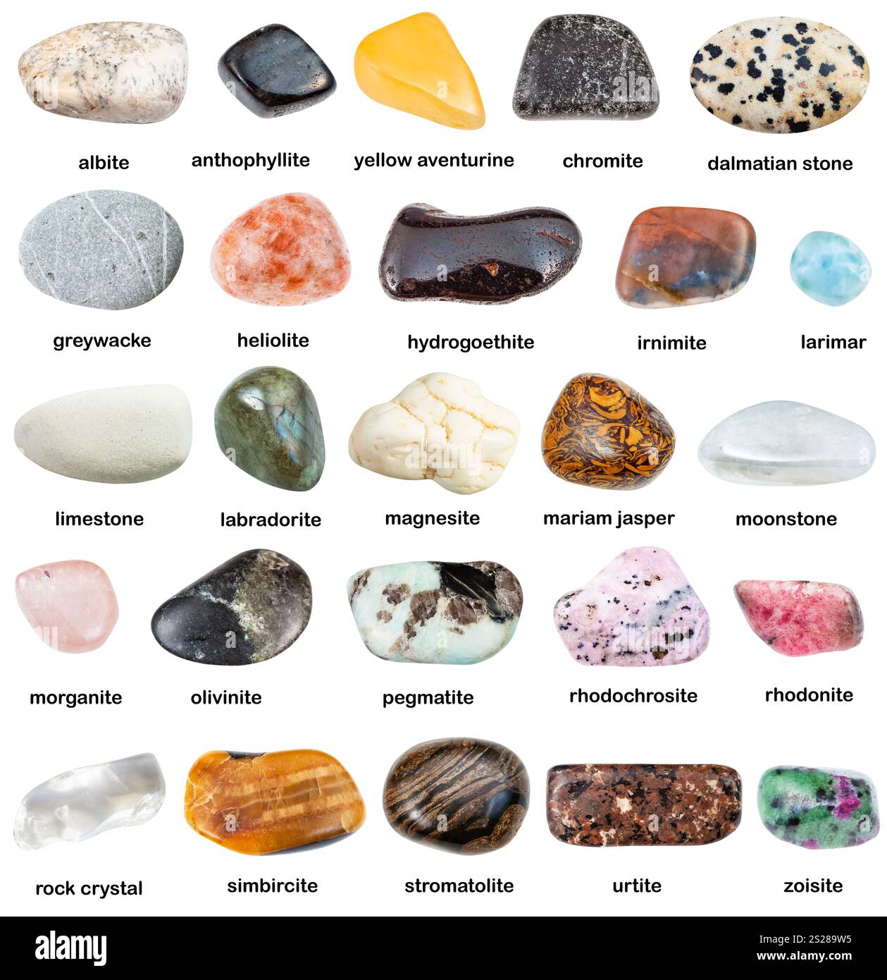 Sammlung von natürlichen Mineralien Edelstein Steine mit Namen (dunite, Chromit, irnimite, stromatolite, heliolite, simbircite, hydrogoethite, Anthophyllit, Rho Stockfoto