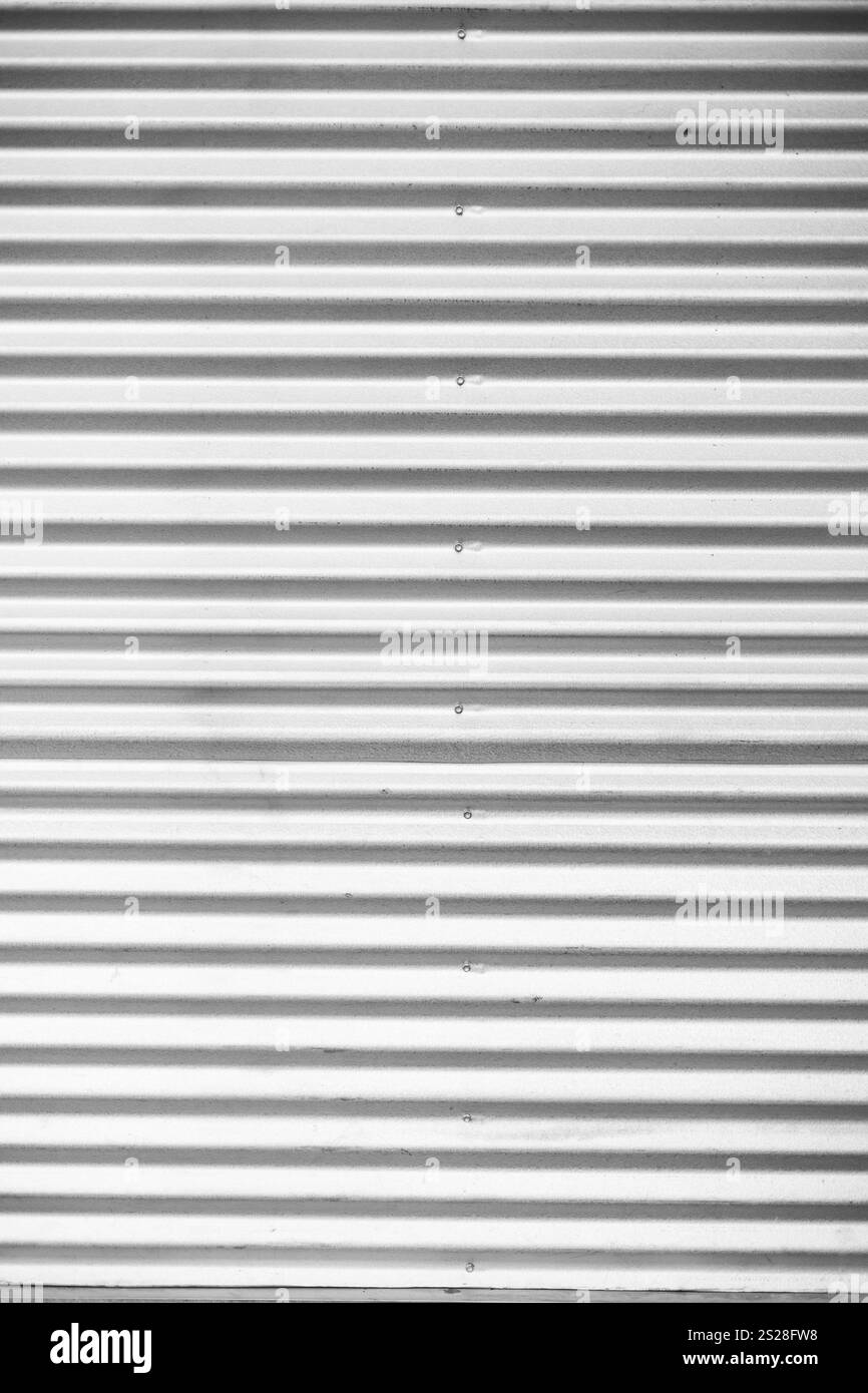 Eine weiße Wand mit erhöhten Stabmustern, die einem Zaun ähneln. Die dezente Textur verleiht dem Raum Tiefe und Dimension und verleiht ihm einen einzigartigen, modernen Touch Stockfoto