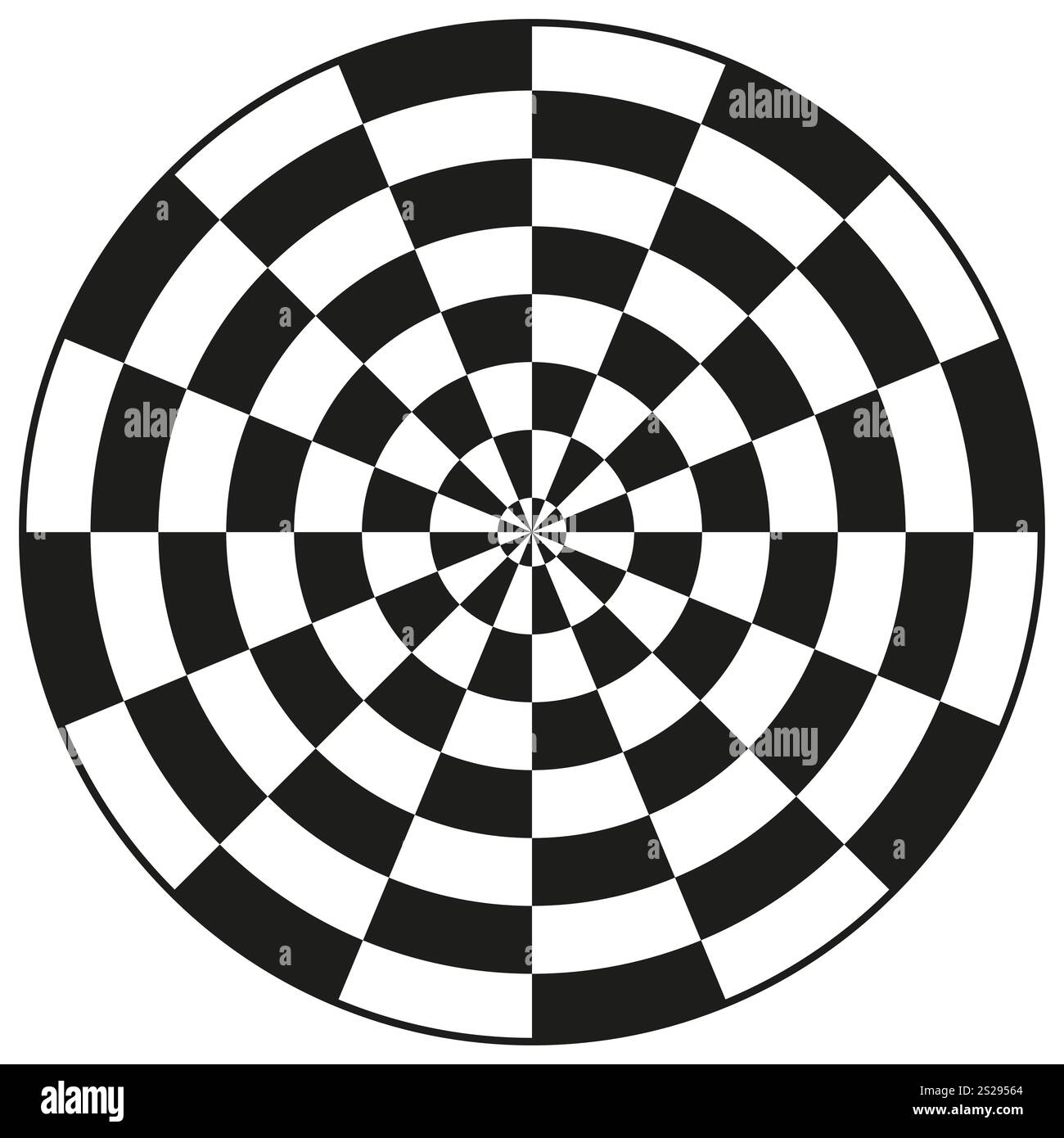 Schachbrettdesign. Schwarzer weißer Kreis. Abstraktes Karomuster. Geometrisches Dartsymbol. Stock Vektor