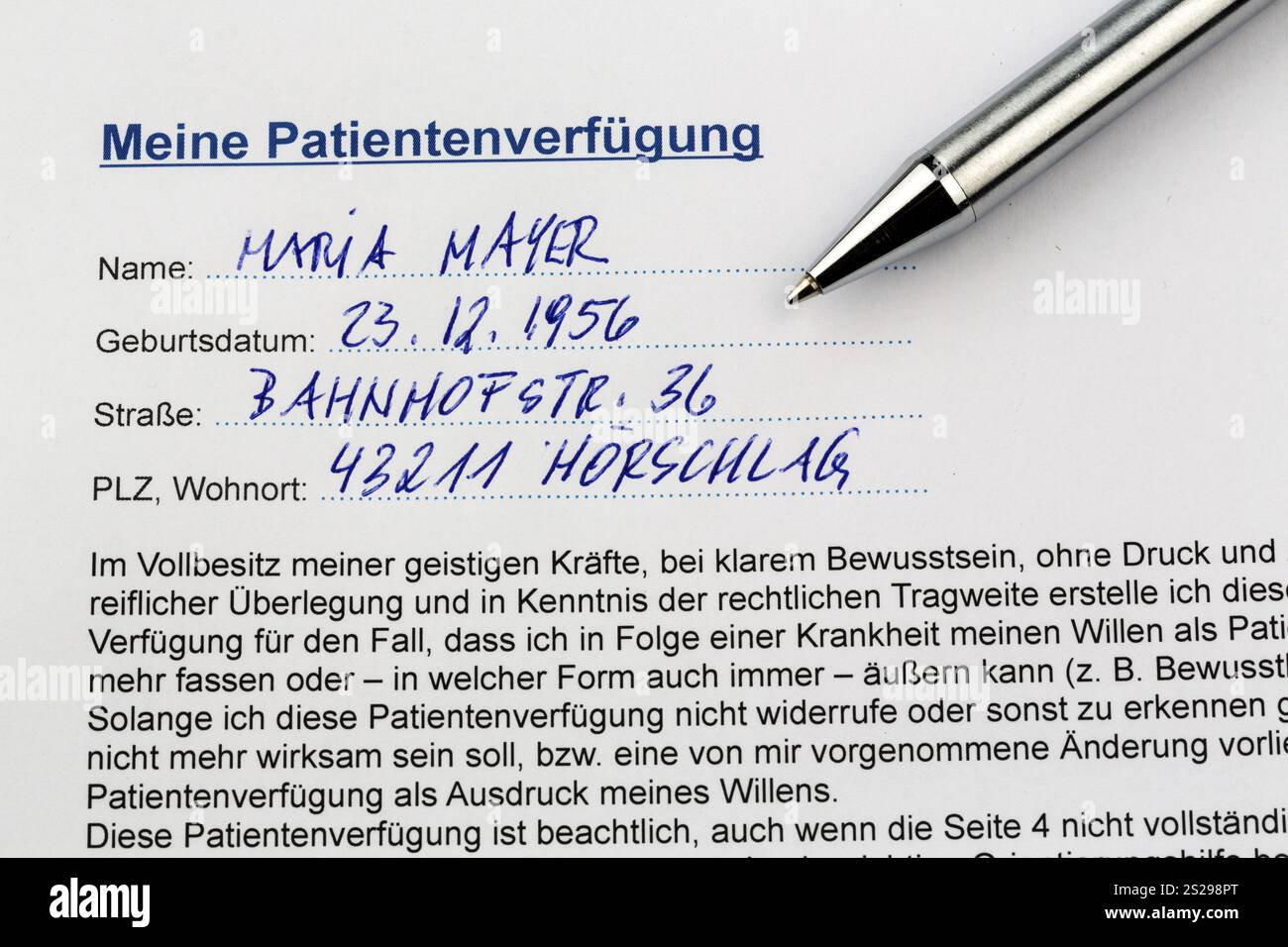 Ein Lebenswille auf Deutsch. Anweisungen für den Arzt oder das Krankenhaus im Falle einer tödlichen Erkrankung. Österreich Stockfoto