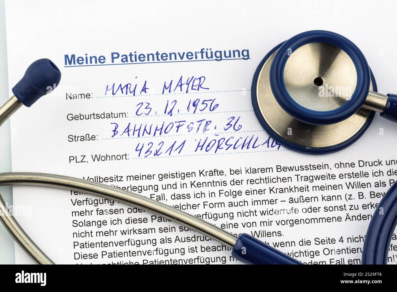 Ein Lebenswille auf Deutsch. Anweisungen für den Arzt oder das Krankenhaus im Falle einer tödlichen Erkrankung. Österreich Stockfoto