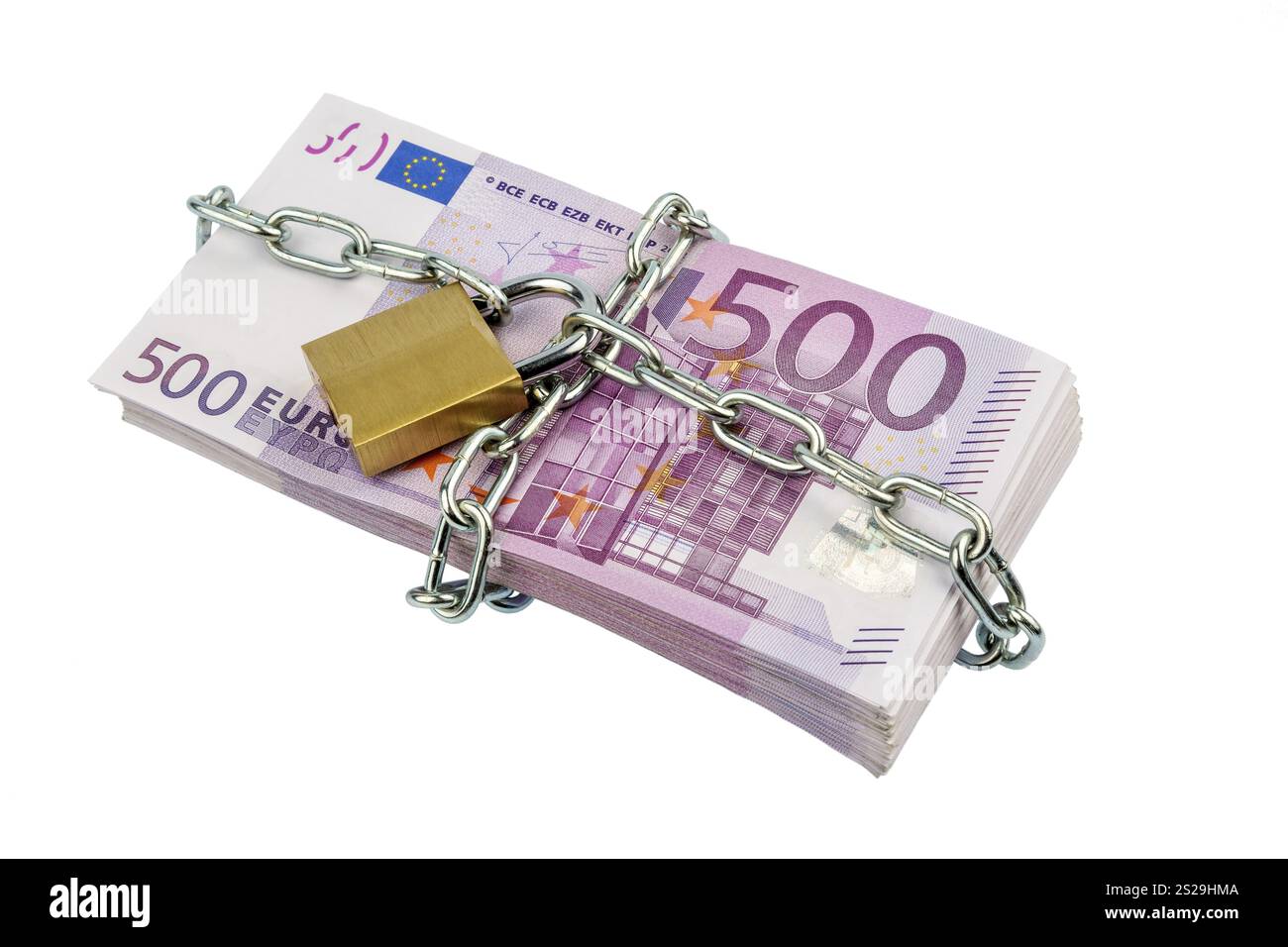 Euro-Banknoten mit Kette und Vorhängeschloss symbolischem Foto für Sicherheit und Inflation. Österreich Stockfoto