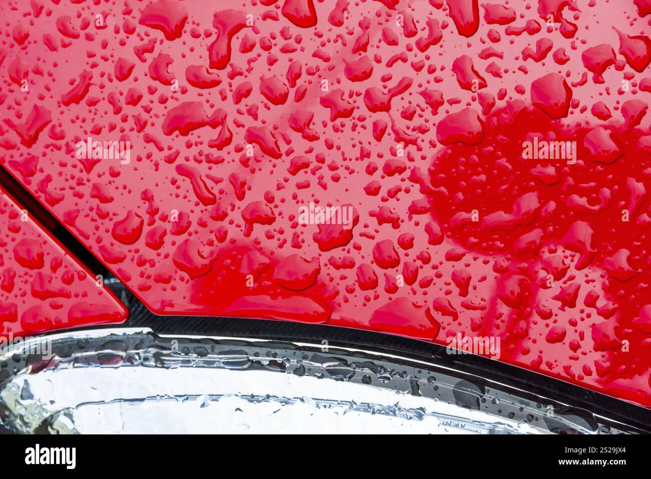 Nach Regen Rollen Regentropfen vom Lack eines Autos. Wassertropfen auf rotem Hintergrund Österreich Stockfoto