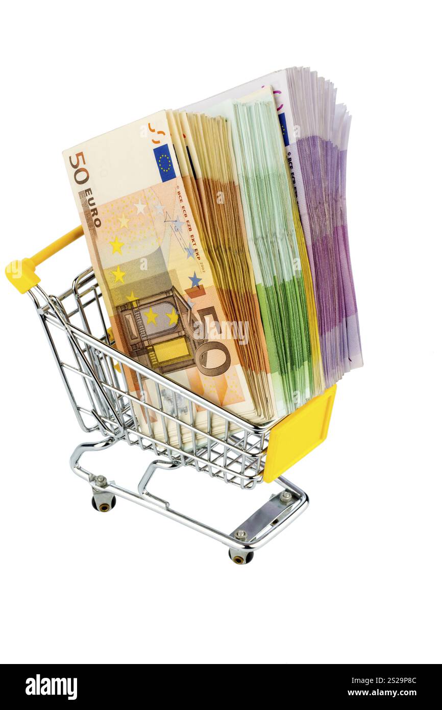 Euro-Banknoten im Einkaufswagen, symbolisches Foto für Kaufkraft, Einkaufen, Gelddruck und Inflation Österreich Stockfoto