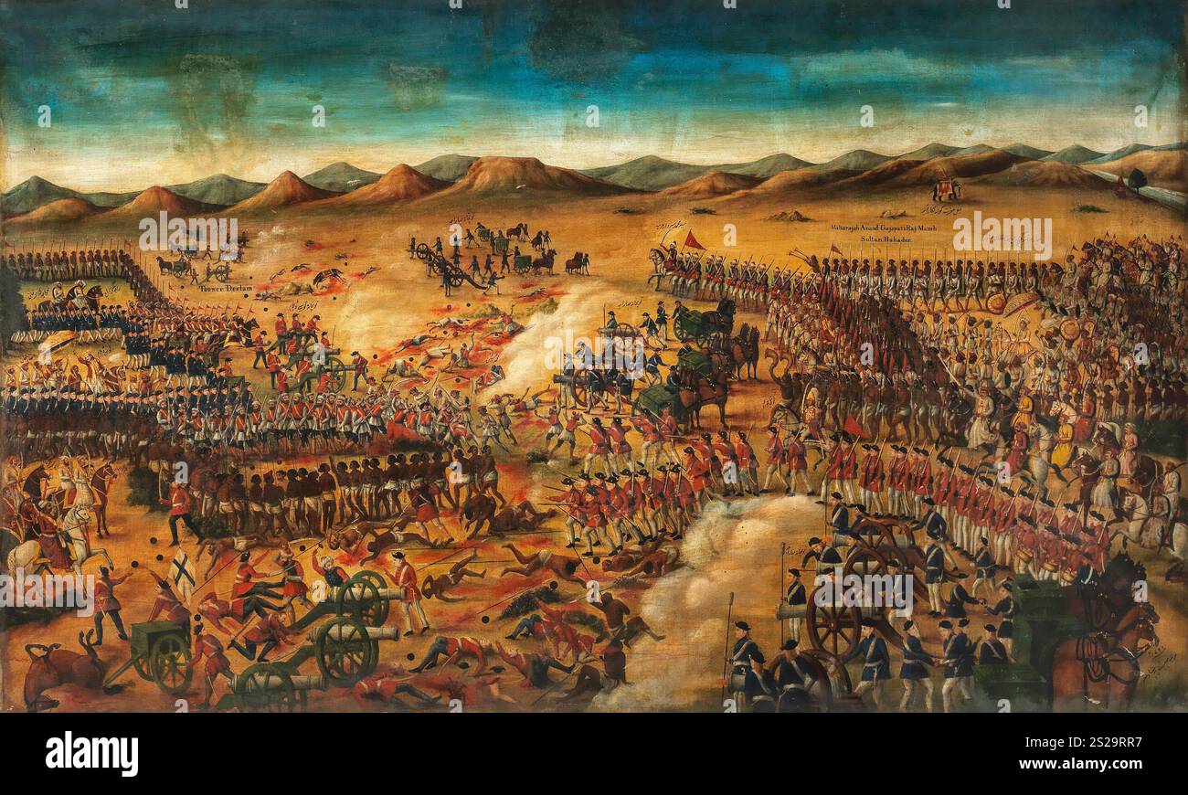 Ein großes Gemälde, das die Schlacht von Condore im Dezember 1758 während des Dritten Karnatischen Krieges darstellt, in dem Truppen der Ostindien-Kompanie unter Colonel Forde gegen französische Truppen und ihre Verbündeten kämpften Stockfoto