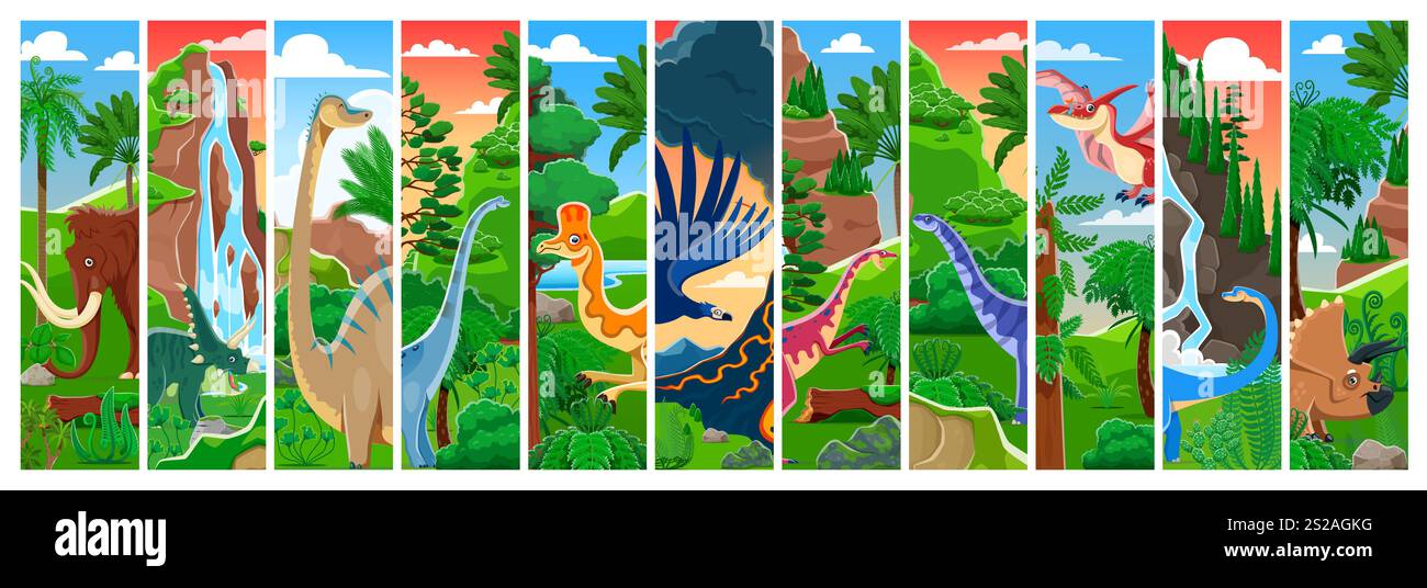 Prähistorische Dinosaurier Collage im Dschungelwald Landschaft Vektor Hintergrund. jurassic Dino-Zeichentrickfiguren prähistorischer Reptilien und Vögel, süßes Mammut, Pteranodon, triceratops und Diplodocus Stock Vektor