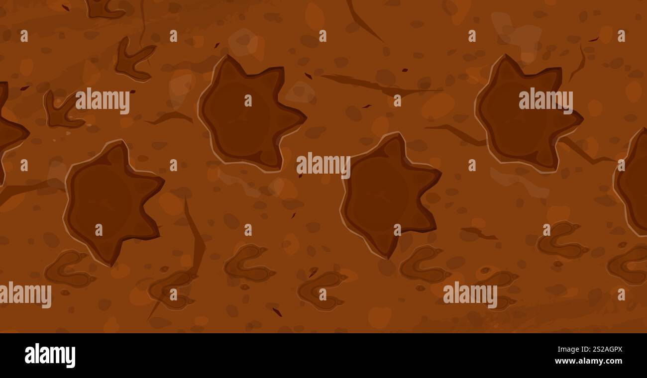 Fossilienspuren aus prähistorischer Zeit. Jurassic Ära Tierarchäologie Steinabdruck, Urgeschichte Monster Krallen Bodenspur oder ausgestorbene Dinosaurier Evolution Museum Fossil Spur Vektor Hintergrund Stock Vektor