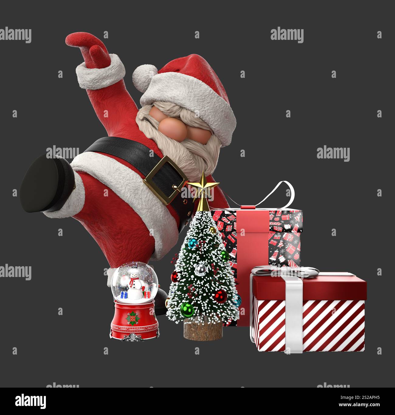 Festliche 3D-Renderings von lustigen Cartoon Santa Claus, Weihnachtsgeschenkboxen und einer Schneekugel mit einem Schneemann im Inneren. Ideal für Motive mit Urlaubsmotiven. 3D Stockfoto