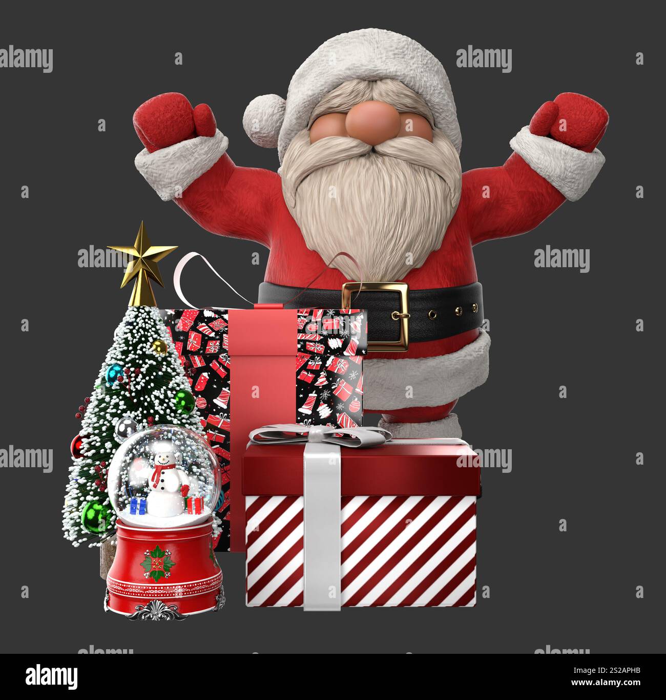 Festliche 3D-Renderings von lustigen Cartoon Santa Claus, Weihnachtsgeschenkboxen und einer Schneekugel mit einem Schneemann im Inneren. Ideal für Motive mit Urlaubsmotiven. 3D Stockfoto