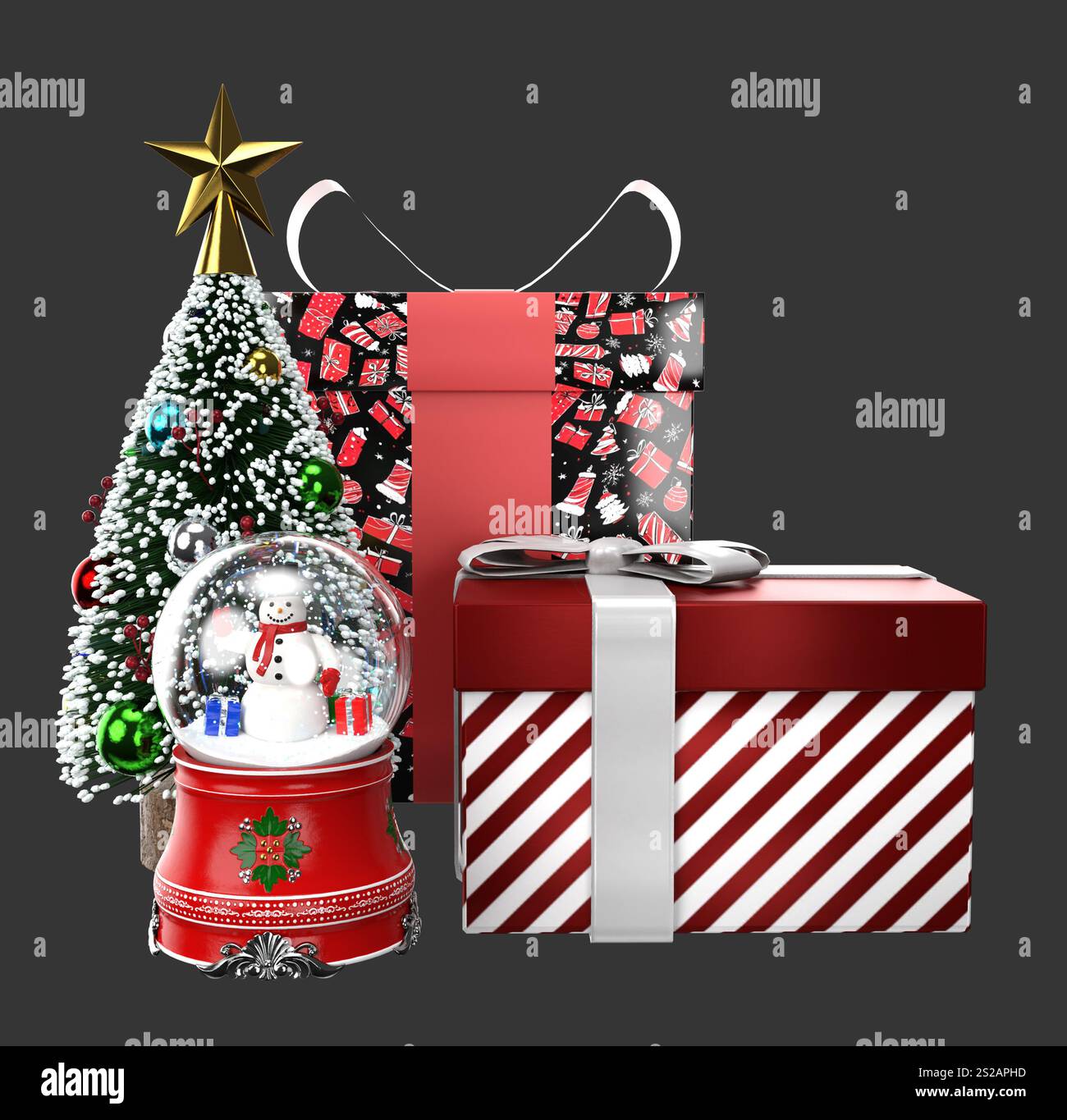 Festliche 3D-Renderings von Weihnachtsgeschenken und eine Glaskugel mit einem Schneemann im Inneren. Die Komposition ist ideal für Urlaubsdesigns und fängt die Magie und den Cha ein Stockfoto