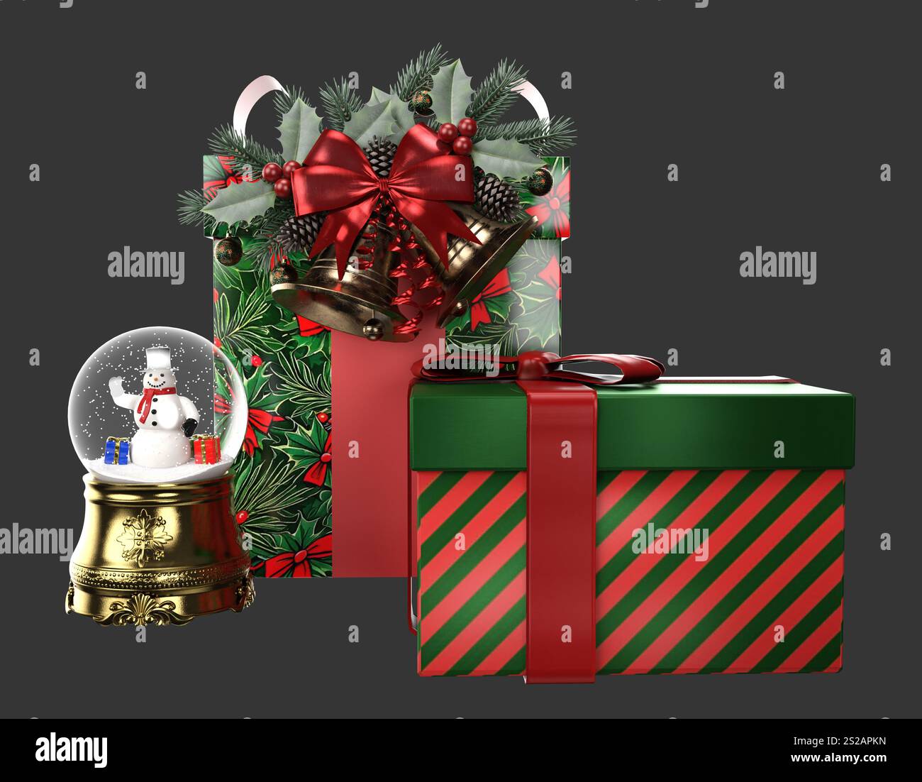 Festliche 3D-Renderings von Weihnachtsgeschenken und eine Glaskugel mit einem Schneemann im Inneren. Die Komposition ist ideal für Urlaubsdesigns und fängt die Magie und den Cha ein Stockfoto