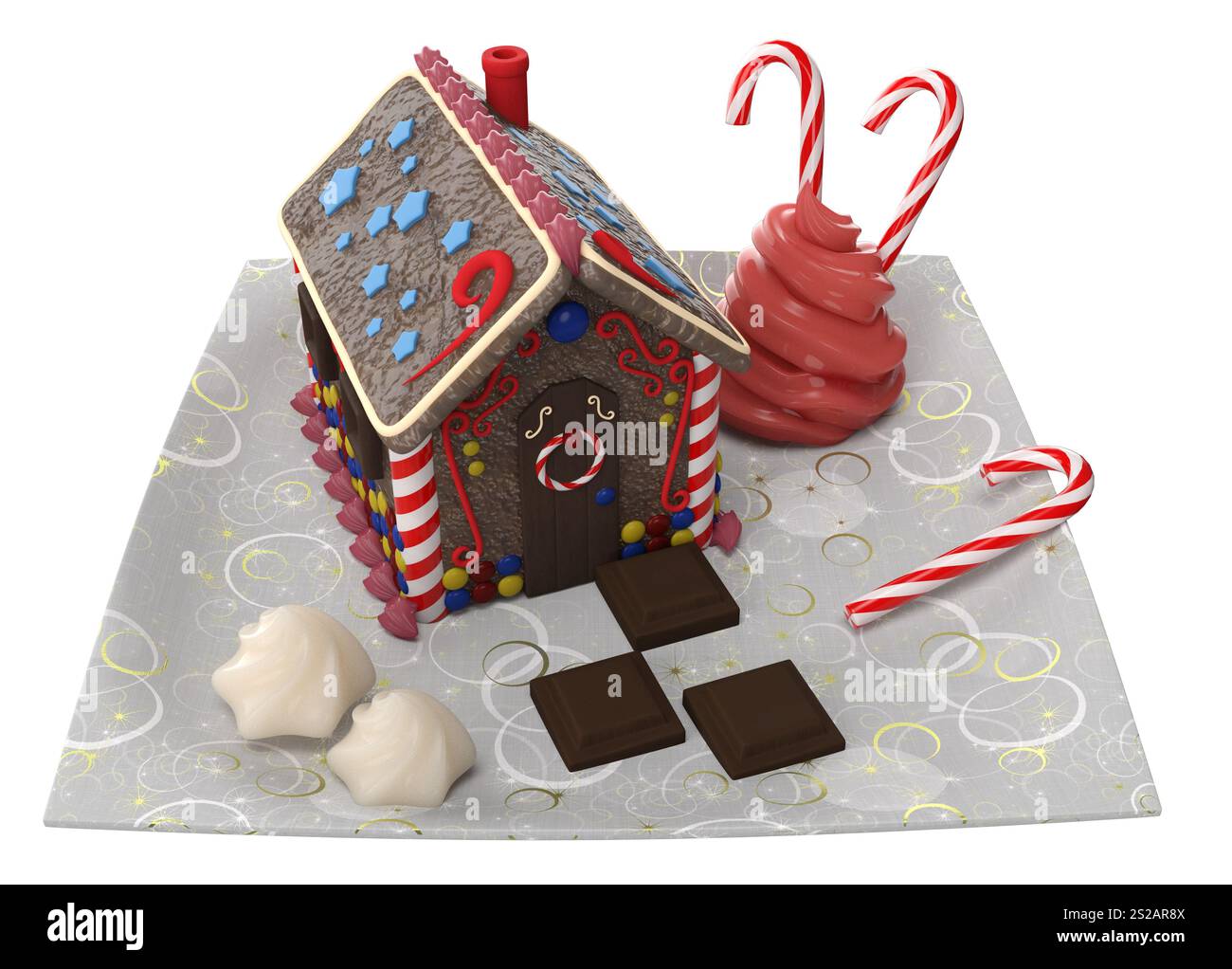 3D-Rendering von Lebkuchenweihnachten mit Zuckerstangen, perfekt für Weihnachtsmotive. Die detaillierten und farbenfrohen Urlaubsspezialitäten, ideal für Stockfoto
