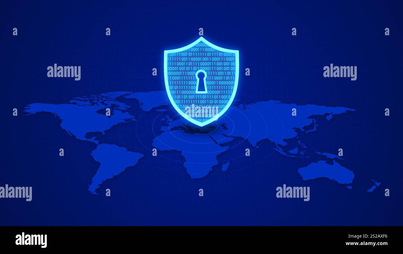 Cybersecurity Shield mit Binär- und Weltkarte Stockfoto