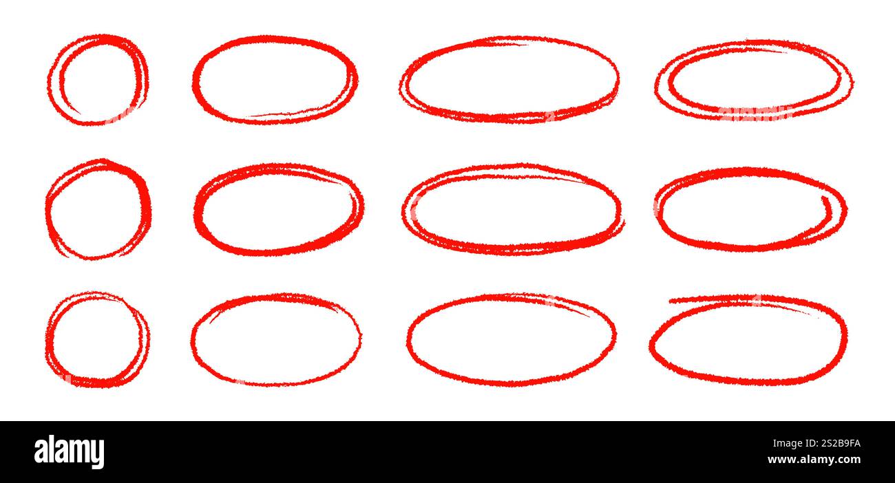 Handgezeichneter roter Hervorhebung, ovaler Rahmen. Doodle Buntstift, Markierpinsel streichen oval Unterstrich Element Pack. Handgezeichneter Bleistiftstrich Skizze Markierer Vektor Illustration Stock Vektor