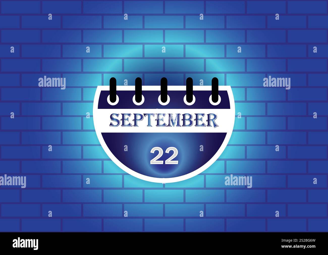 Ein grafisches Design mit einer Kalenderseite, die den 22. September zeigt. Der Kalender ist vor dem Hintergrund einer blauen Ziegelmauer dargestellt, was eine saubere Atmosphäre schafft Stock Vektor