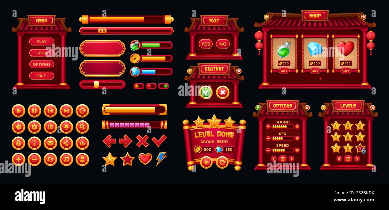 Chinesische Spieloberfläche, gui-Schaltflächen und Rahmen-Asset. Karikaturvektor asiatische UI-Fenster, Optionen, Einstellungen Platten, Fortschrittsbalken und Symbole. Benutzerbedienfelder, Boards, Schieberegler, Tasten und interaktive Menüfelder Stock Vektor