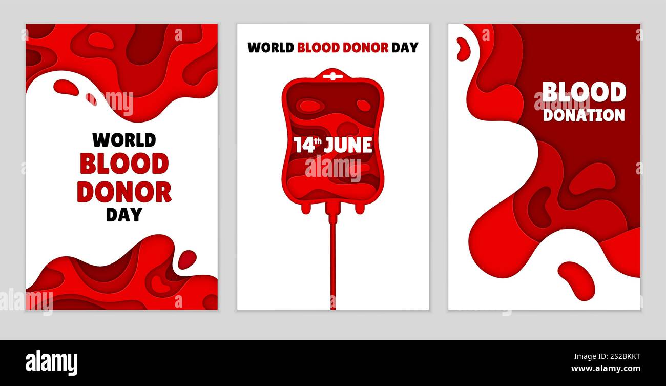 Blutspende und Weltblutspendertag Papier geschnitten Poster mit einem Blutbeutel und flüssigen Formen im papercut Vektor Stil, die das Bewusstsein und die Förderung der Blutspende am 14. Juni Feier Stock Vektor