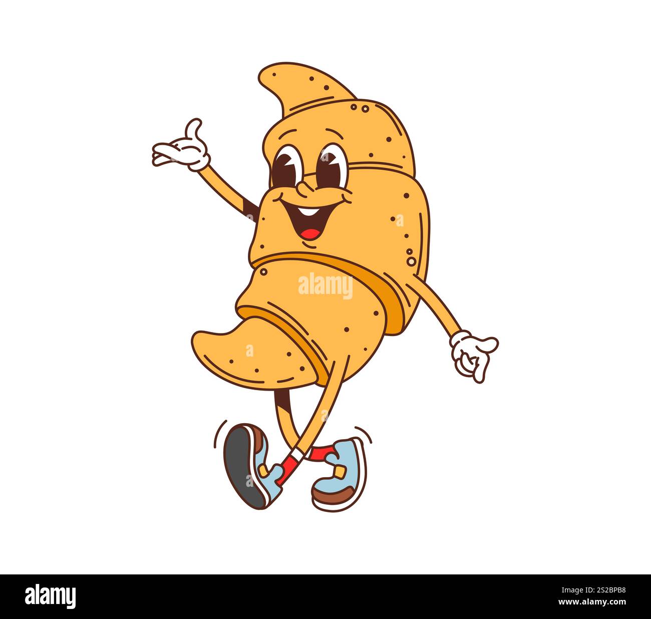 Cartoon grooviger Fast Food Croissant Charakter. Zum Mitnehmen Dessert Essen lustiger Charakter, Restaurant süße Mahlzeit oder Café Gebäck glücklich groovige isolierte Vektor Persönlichkeit. Frisches Croissant, fröhliches Maskottchen Stock Vektor