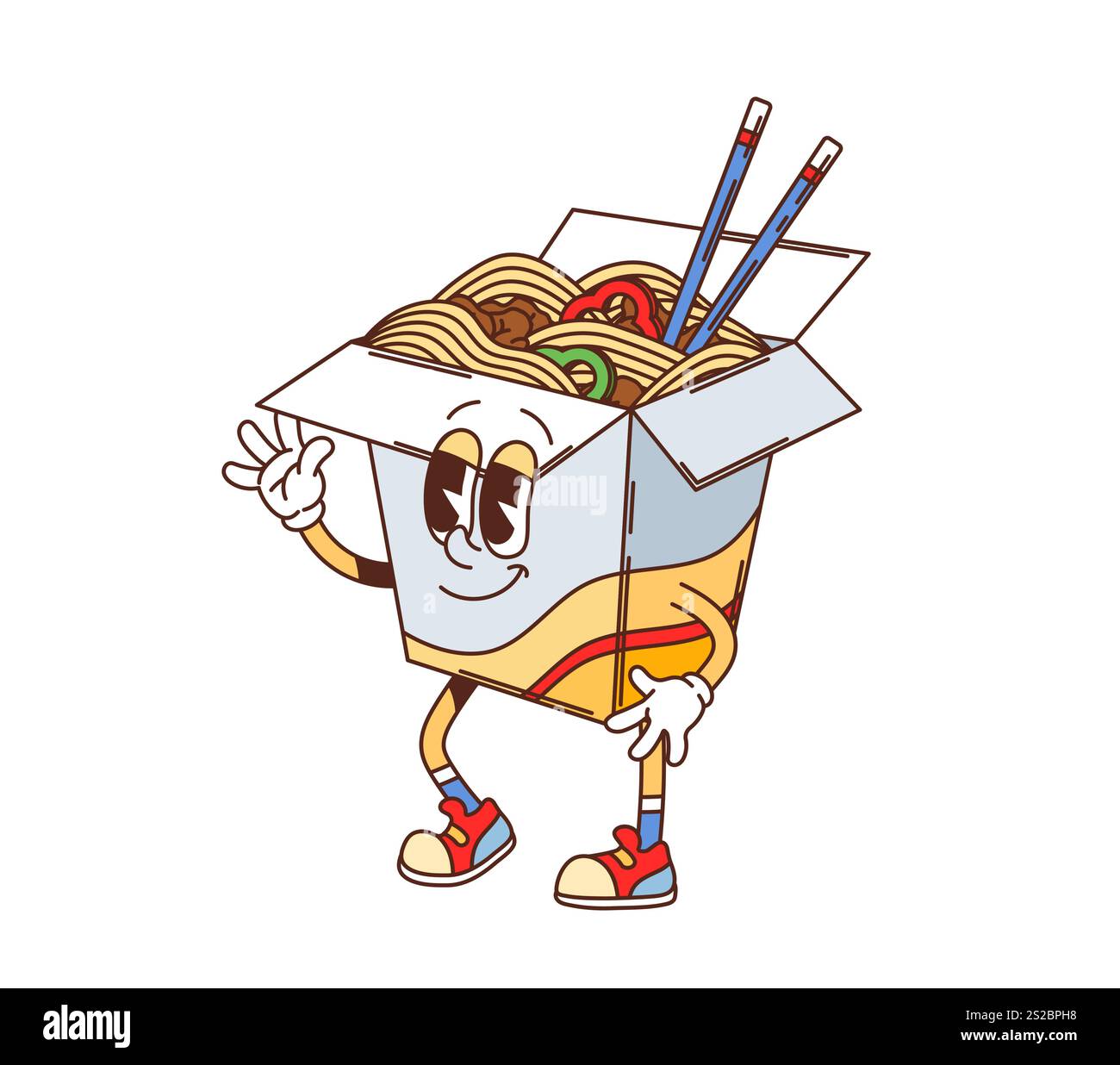 Cartoon grooviger Fast Food Wok Nudeln Charakter. Asiatische Küche Fast Food Café Mahlzeit Happy Personage, Wok Take-away Menü Nudeln oder Suppe Box mit Essstäbchen Retro groovige isolierte Vektorcharakter Stock Vektor