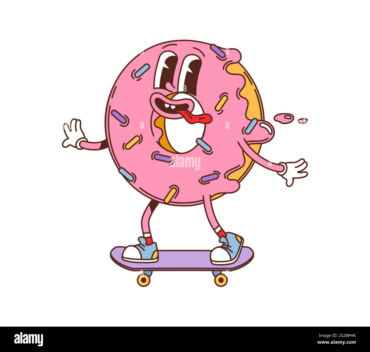 Cartoon-groovige Fast-Food-Donut-Figur auf Skate. Street Cafe Gebäck Mahlzeit lustiges Maskottchen, zum Mitnehmen Süßigkeiten oder Restaurant Dessert Essen groovige isolierte Vektor Persönlichkeit. Donut mit Eiskunstlauf Charakter Stock Vektor