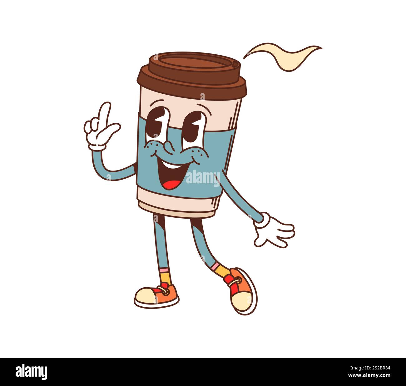 Cartoon groovige Fast Food Kaffeetasse Charakter. Straßencafé Einwegbecher mit heißem Kaffee und Deckel mit fröhlichem Charakter. Zum Mitnehmen Latte, Cappuccino oder Espresso-Getränk groovige isolierte Vektor nette Persönlichkeit Stock Vektor