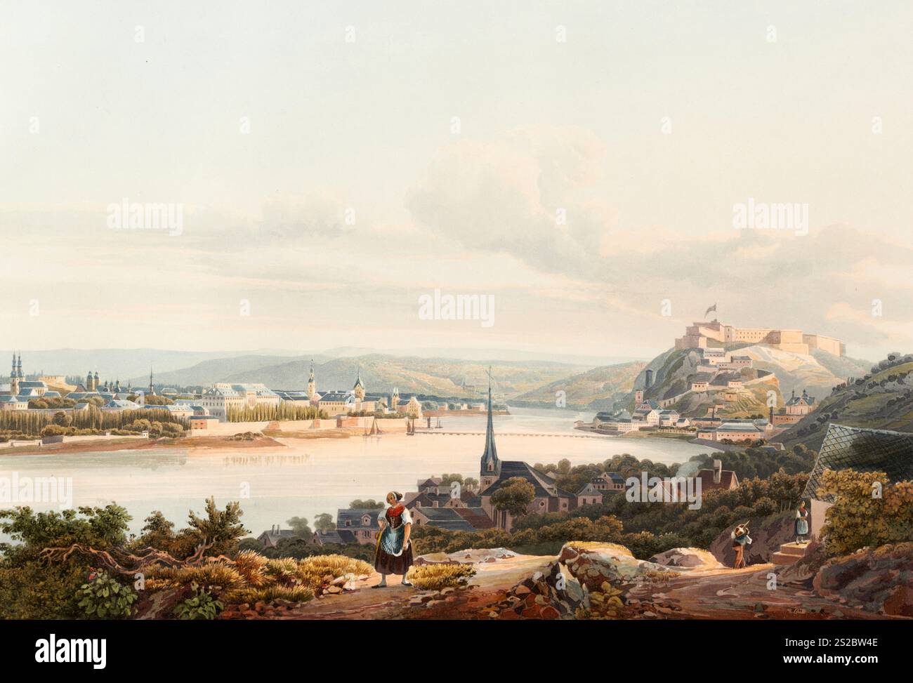 Ansicht der Stadt Koblenz und der Festung Ehrbreitstein, Rheinland-Pfalz, Deutschland, Ansicht um 1830, digital restaurierte Nachbildung eines Originals aus dem 19. Jahrhundert von Johann Ludwig Bleuler (12.02.1792 - 28.03.1850), Schweizer Zeichner und Maler, Blick auf die Stadt Koblenz und die Festung Ehrbreitstein, Rheinland-Pfalz, Deutschland, Ansicht um 1830, digital restaurierte Reproduktion einer Vorlage aus dem 19. Jahrhundert von Johann Ludwig Bleuler (12.02.1792 - 28.03.1850), Schweizer Zeichner und Maler Stockfoto