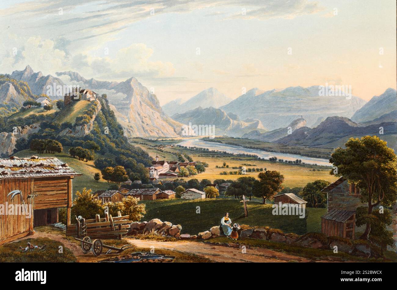 Ansicht der Burg und des Dorfes Vaduz, Liechtenstein, Ansicht um 1830, digital restaurierte Nachbildung eines Originals aus dem 19. Jahrhundert von Johann Ludwig Bleuler (12.02.1792 - 28.03.1850), Schweizer Zeichner und Maler, Blick auf das Schloss und das Dorf Vaduz, Ansicht um 1830, digital restaurierte Reproduktion einer Vorlage aus dem 19. Jahrhundert von Johann Ludwig Bleuler (12.02.1792 - 28.03.1850), Schweizer Zeichner und Maler Stockfoto