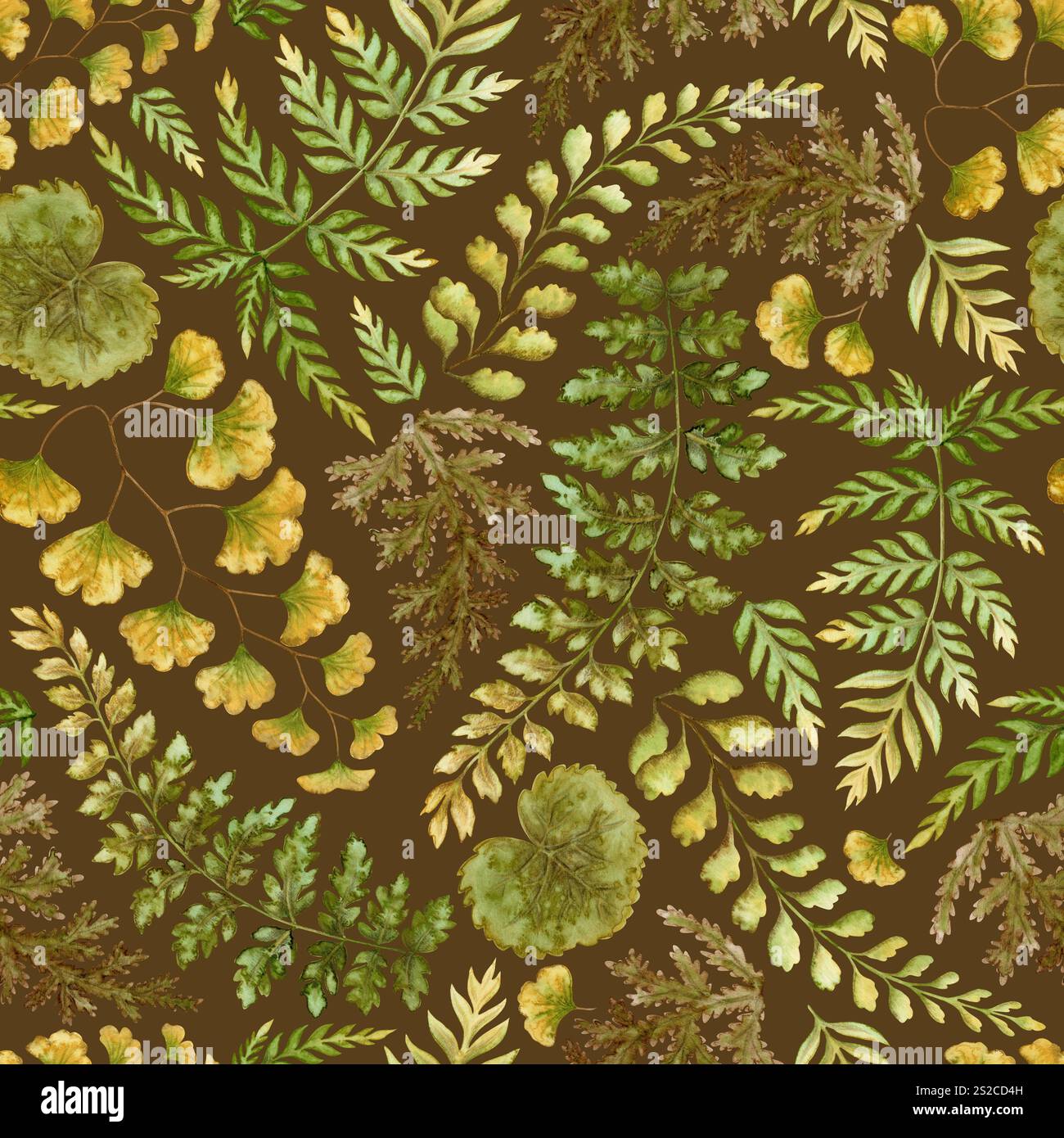 Farn hinterlässt ein nahtloses Muster auf braunem Hintergrund. Handgezeichnete botanische Oberfläche in Aquarellfarben mit strukturiertem prähistorischem Laub. Perfekt für die Verwendung von Stockfoto