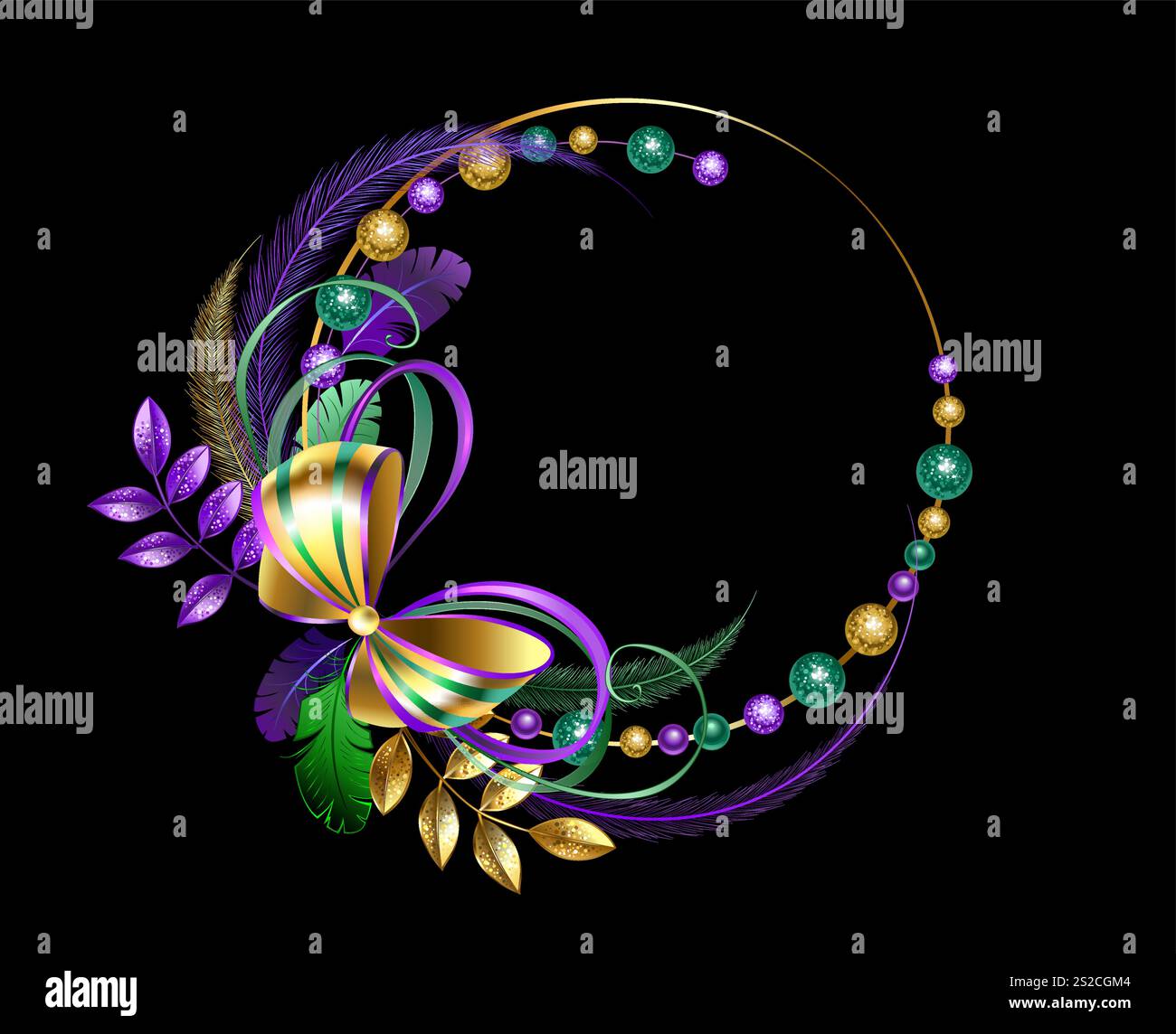 Runder Mardi Gras Rahmen mit Gold, Brokat, glänzender Schleife, verziert mit grün, gelb, lila flauschige Federn mit strukturierten Perlen auf schwarzem Hintergrund. Ma Stock Vektor