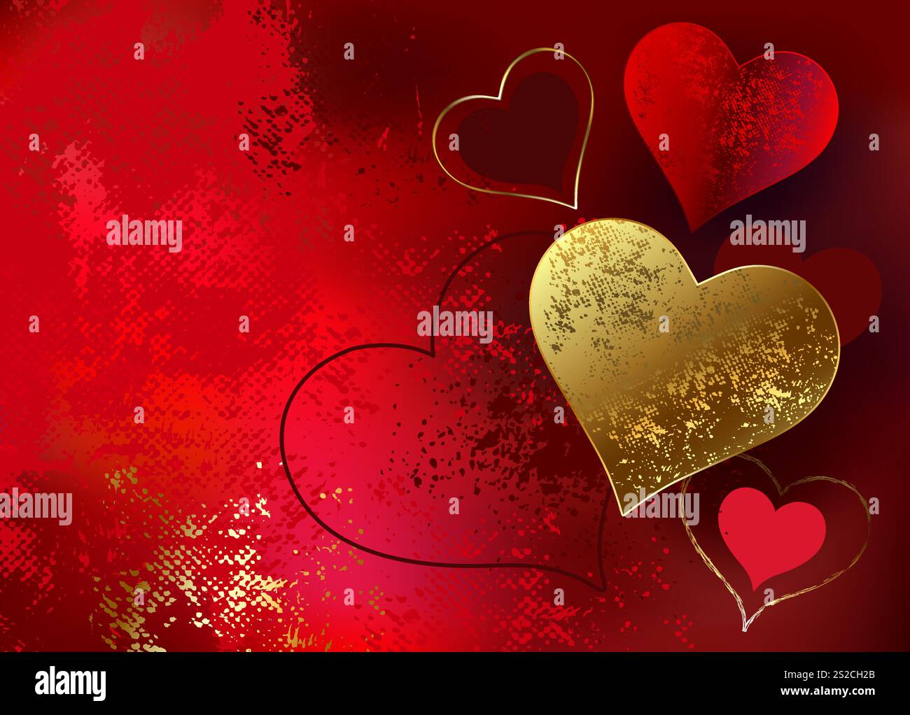 Goldener, glänzender valentinstag aus Brokat auf malerischem, strukturiertem Hintergrund mit roter Farbe. Valentinstag-Design. Stock Vektor