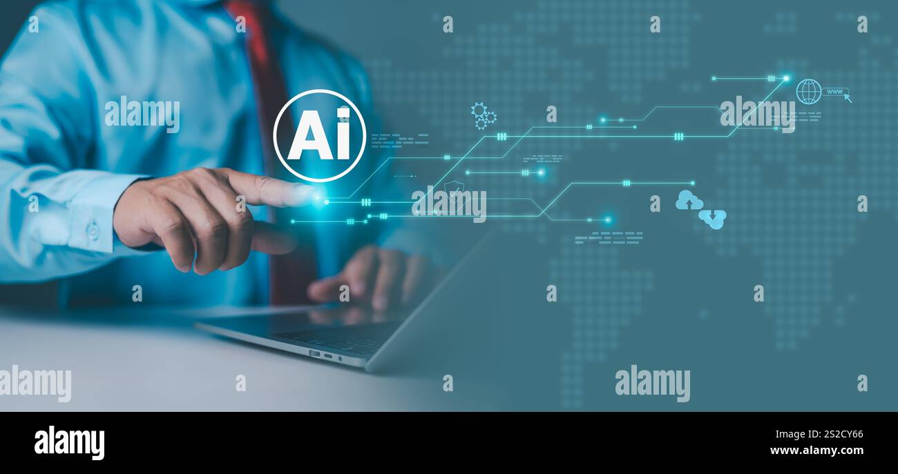 Künstliche Intelligenz, um das Geschäft effizienter zu machen, hält KI-Symbol in der Hand, umgeben von digitalen Symbolen und Datenflüssen, die künstliche in darstellen Stockfoto