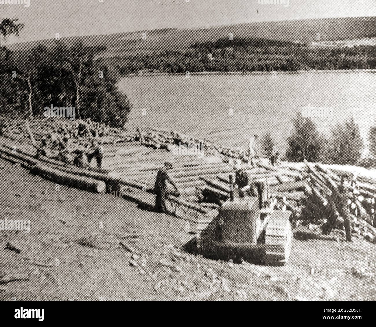 1940er Jahre - Eine Gruppe kanadischer Forstarmeekorps bei der Arbeit - das kanadische Forstkorps, auch bekannt als Corps Forrestier Canadian, wurde am 14. November 1916 gegründet und nach seiner Auflösung als Nichtkämpfer im Zweiten Weltkrieg für das Schneiden von Bäumen in Schottland und Frankreich wieder eingesetzt - Années 1940 - UN groupe de membres du Corps forestier canadien au travail - Le Corps forestier canadien, également connu sous le nom de Corps, forestier, forestier, forestier, forestier, forestier, forestier, forestier, forestier A été créé le 14 novembre 1916 et, après avoir été dissous, a été réintégré en tant que non-comattants Anhänger la Seconde Guerre mondiale en écosse et Stockfoto