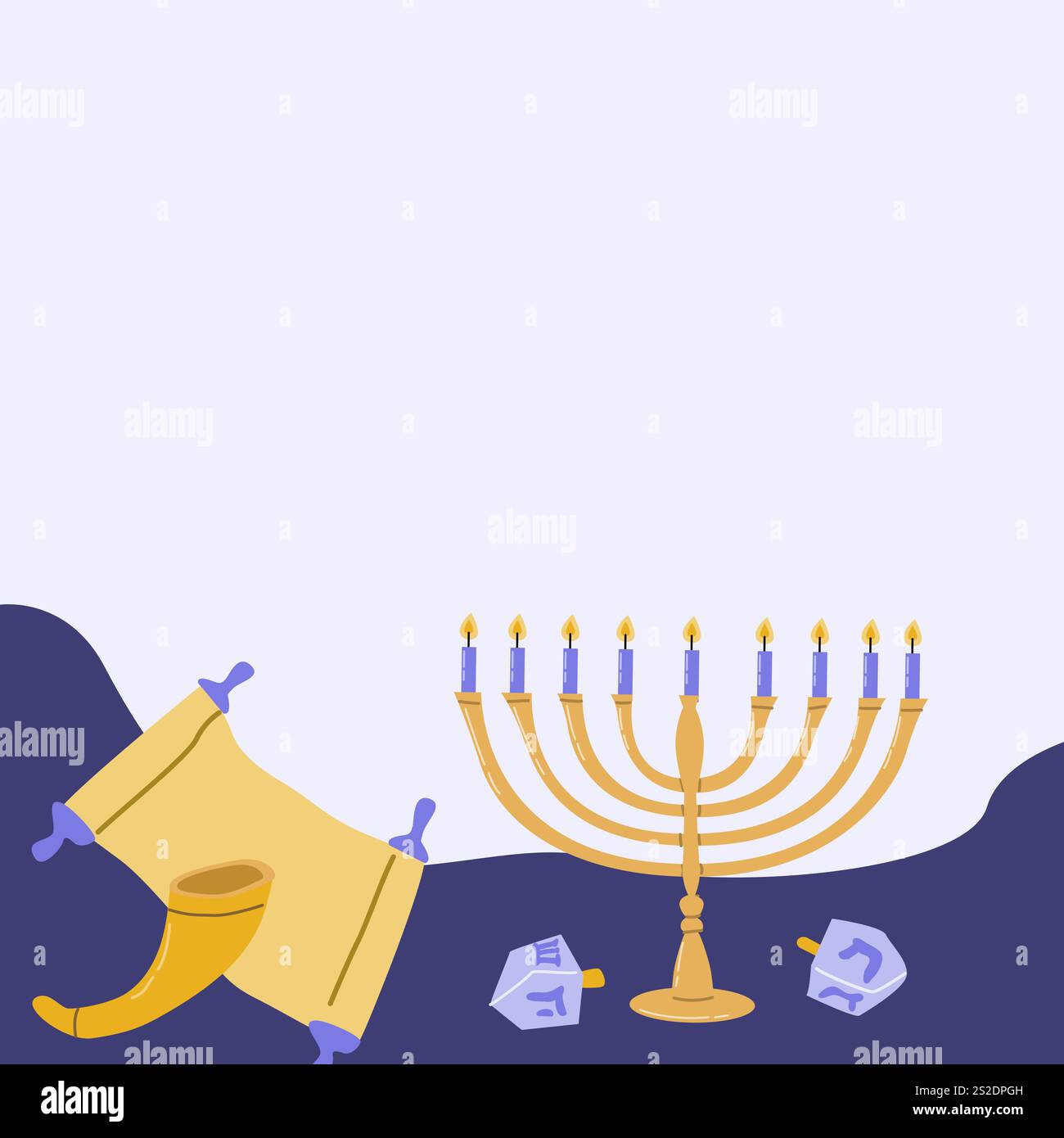 Hanukka-Symbole: Menora, Dreidels, Schofar und tora-Scrollillustration. Stock Vektor