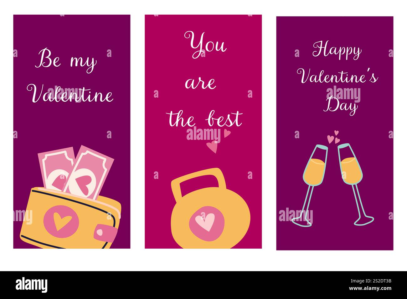 Verspielte valentinskarten mit Symbolen der Liebe, Geschenken von Sportausrüstung und Feier. Stock Vektor