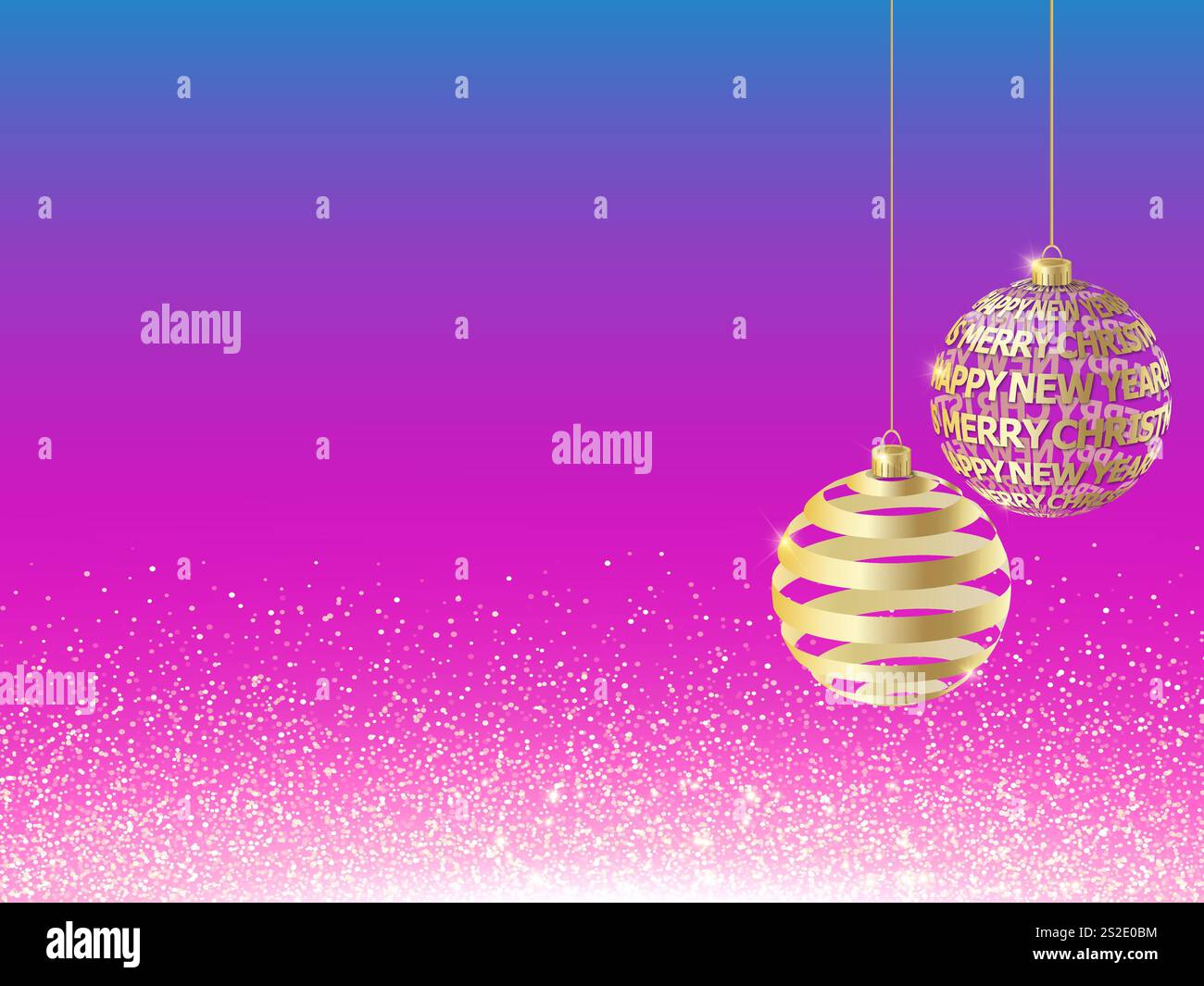 Goldene Kugeln im Hintergrund. Fallendes glänzendes Konfetti mit Goldsplittern. Grußkarte mit strahlendem Lichteffekt für Weihnachten oder Neujahr. Stock Vektor