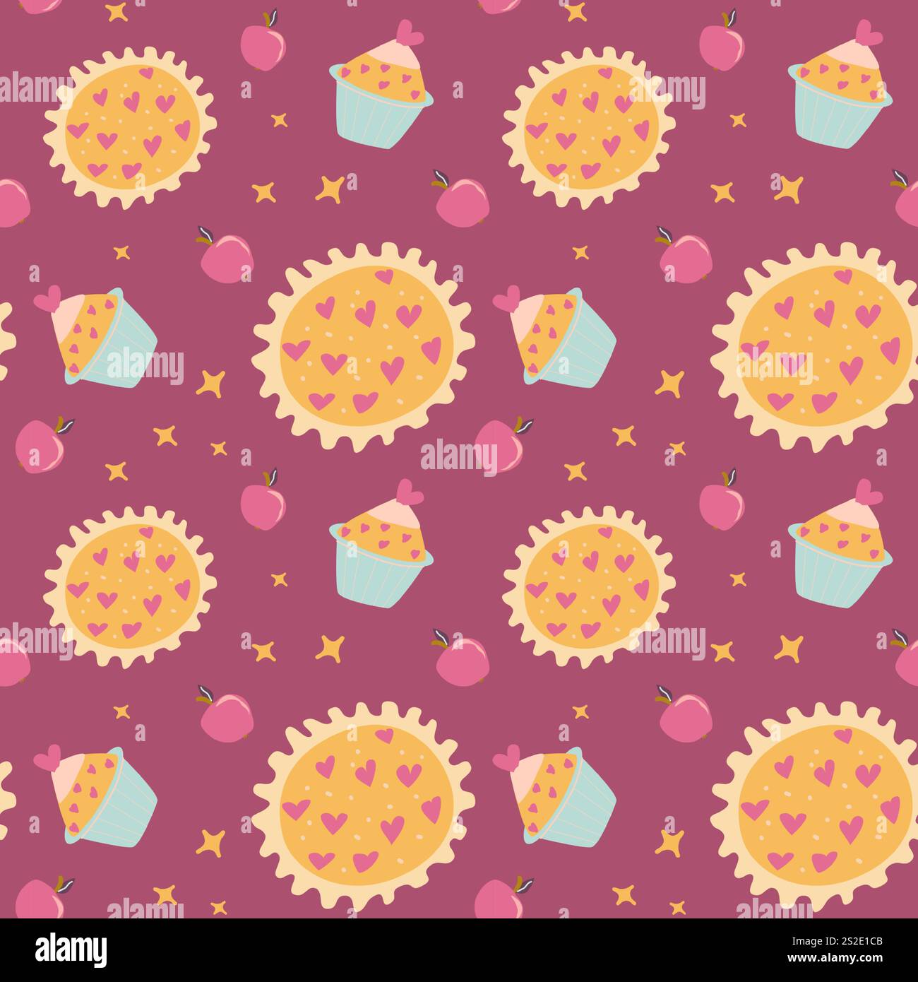 Nahtloses Muster von Herzkuchen und Cupcakes auf violettem Hintergrund. Stock Vektor