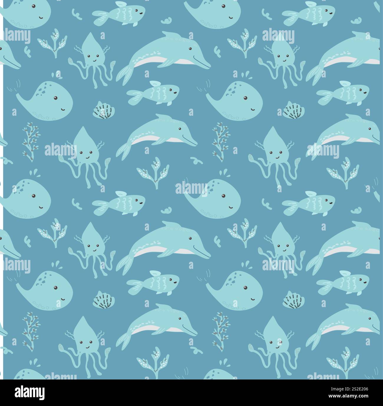 Niedliches Meerestiermuster mit Walen, Kraken und Delfinen auf blauem Hintergrund. Stock Vektor