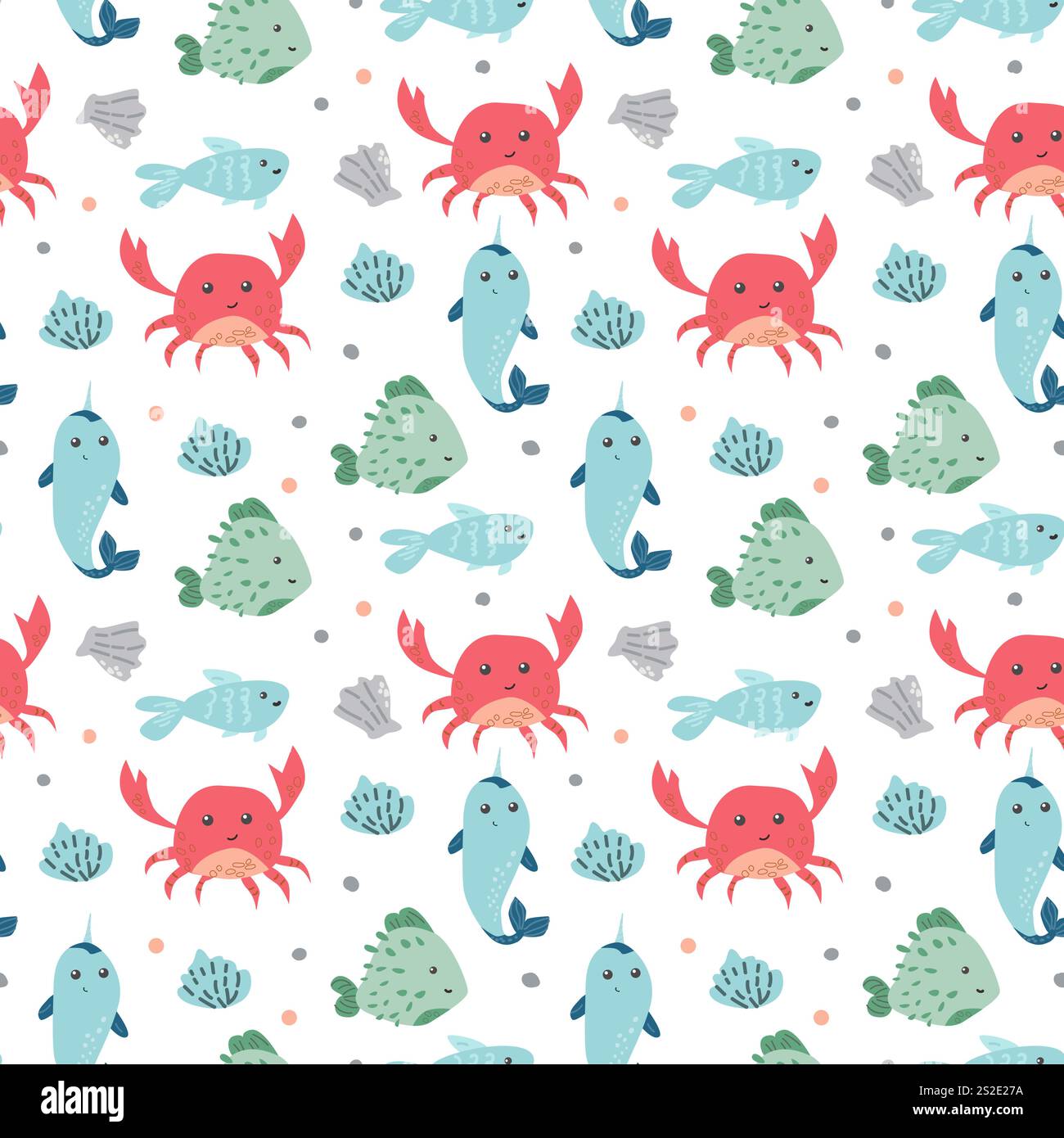 Farbenfrohe Meereslebewesen mit niedlichen Krabben, Fischen und Muscheln. Stock Vektor