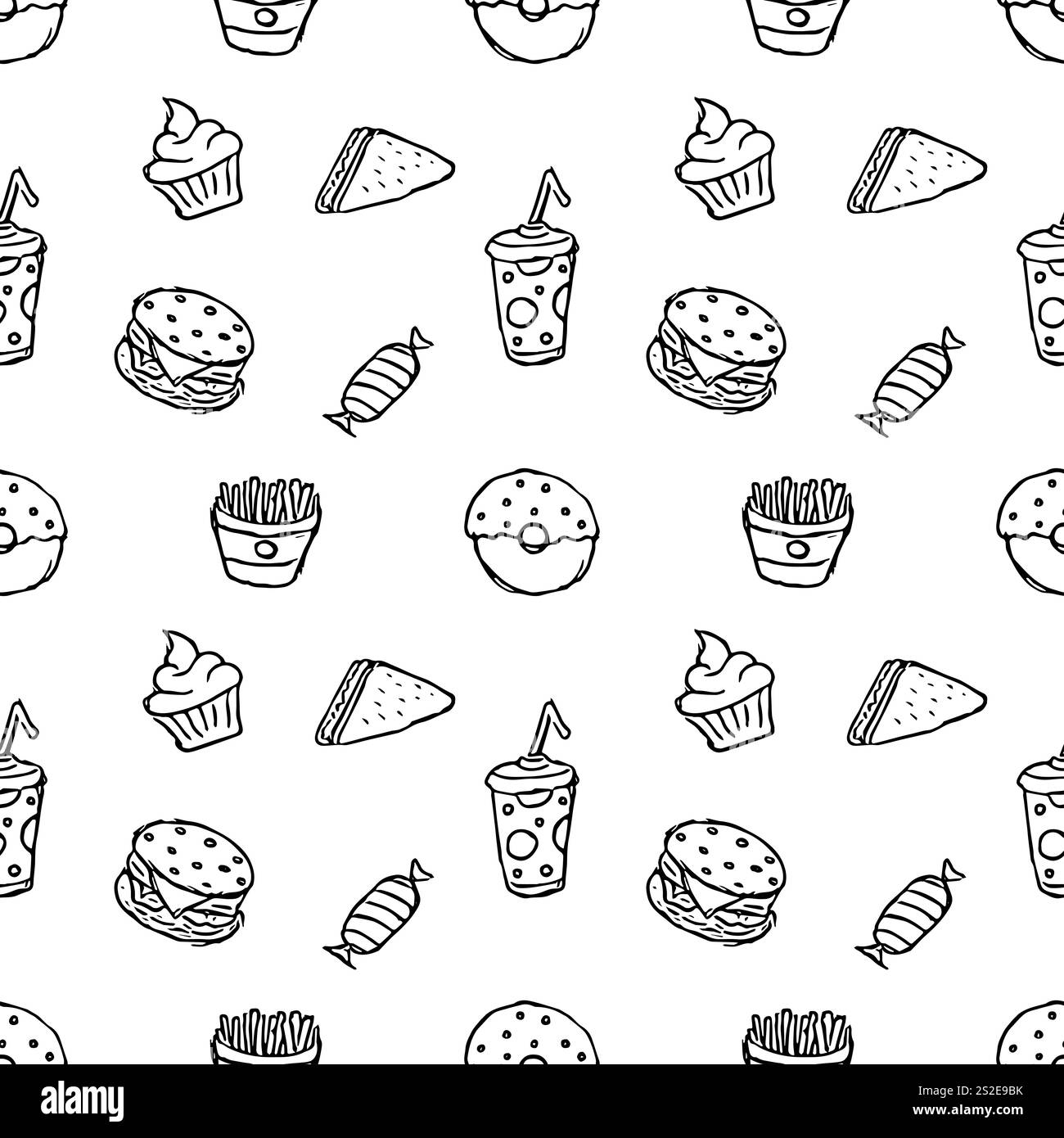 Nahtloses Fast Food-Muster. Illustration zum Fast Food. Gezeichnetes Lebensmittelmuster Stockfoto