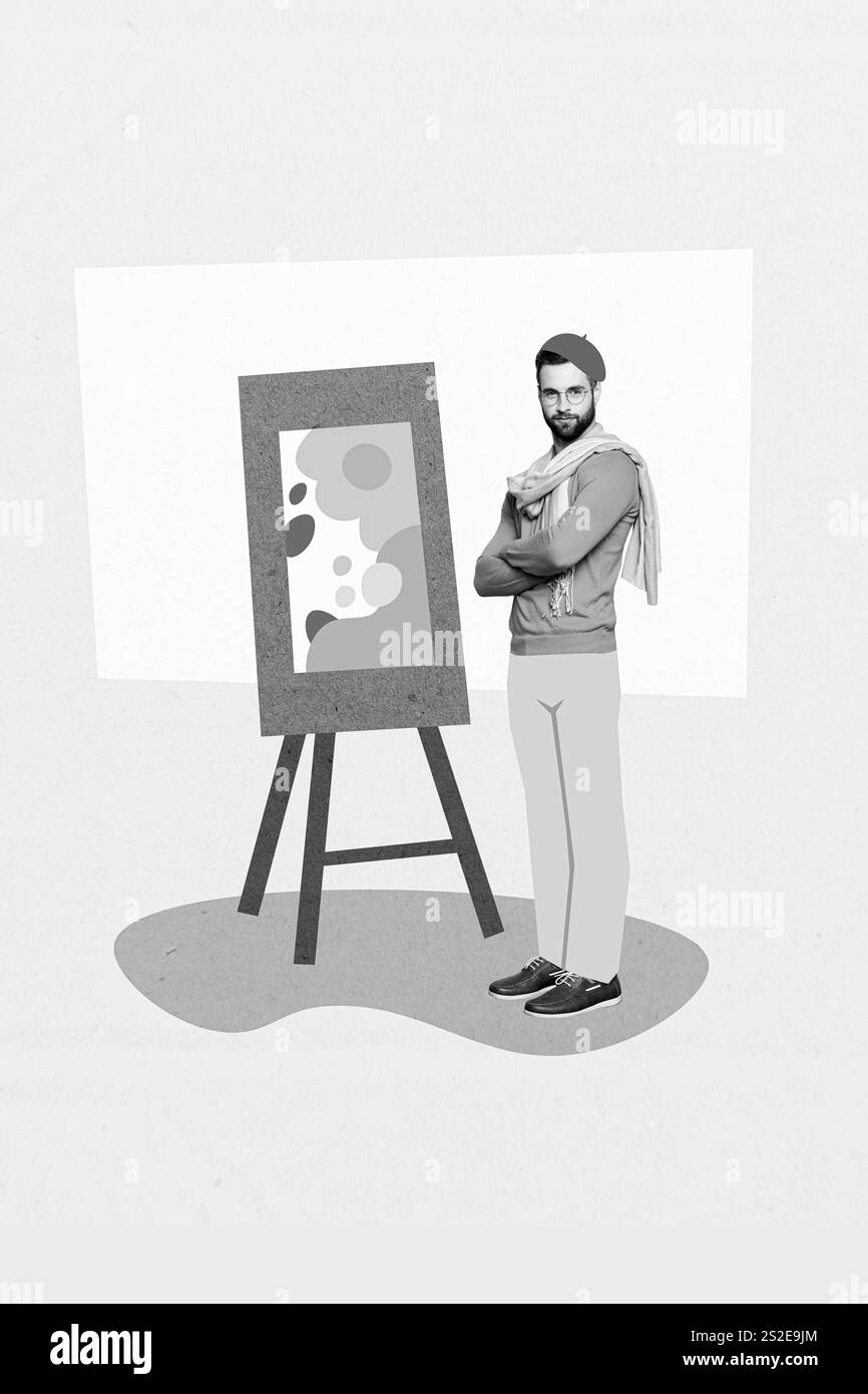 Vertikales Collagenporträt eines selbstbewussten, erfolgreichen Maler mit gekreuzten Armen malen Leinwand isoliert auf kreativem Hintergrund Stockfoto