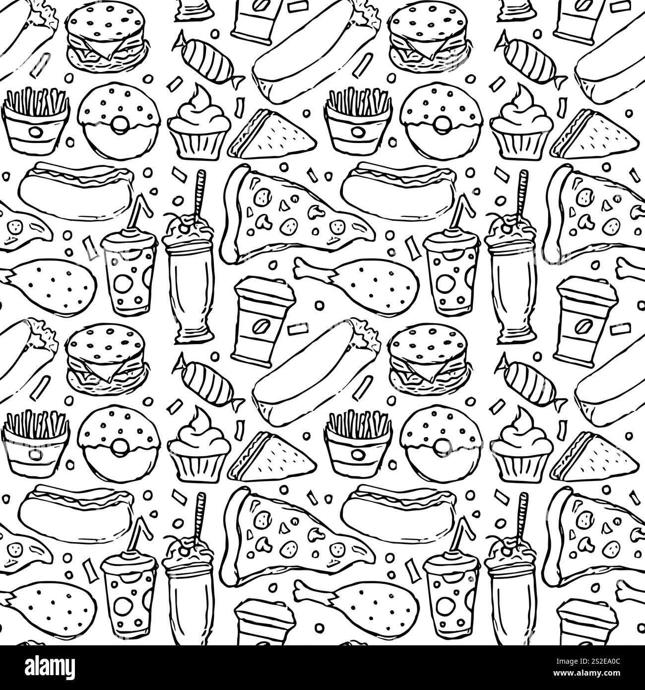 Nahtloses Fast Food-Muster. Illustration zum Fast Food. Gezeichnetes Lebensmittelmuster Stockfoto