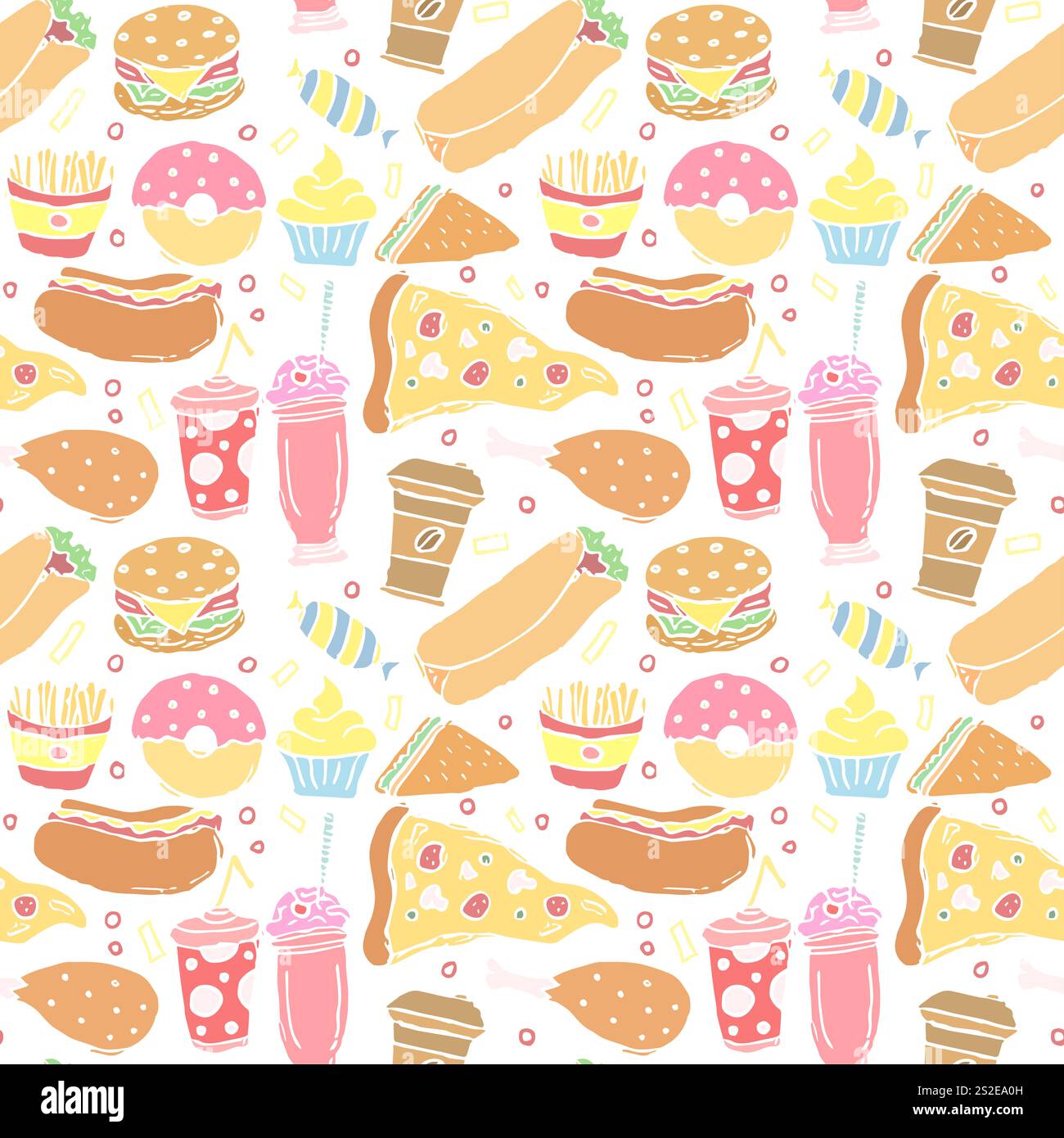 Nahtloses Fast Food-Muster. Illustration zum Fast Food. Gezeichnetes Lebensmittelmuster Stockfoto