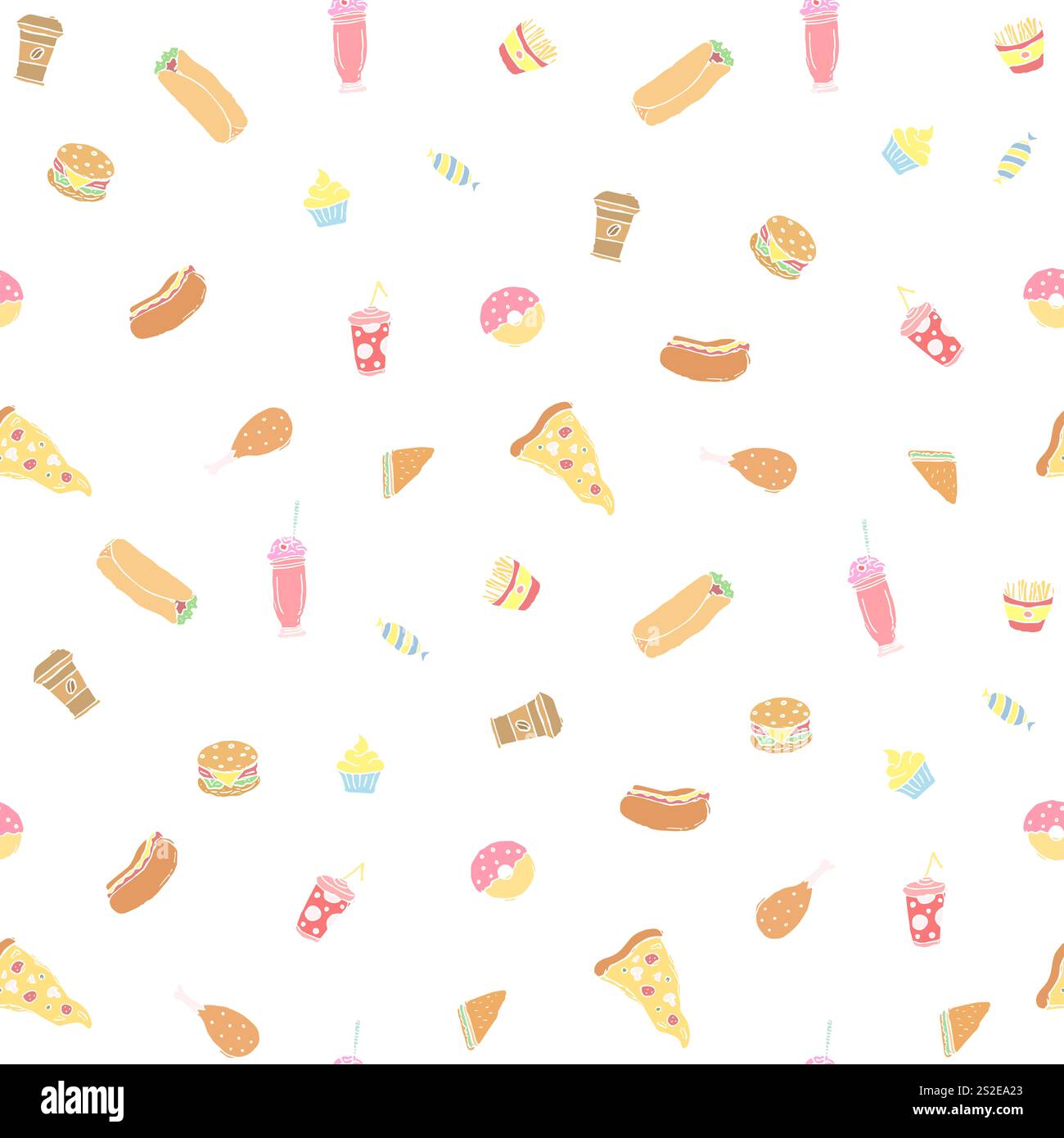 Nahtloses Fast Food-Muster. Illustration zum Fast Food. Gezeichnetes Lebensmittelmuster Stockfoto