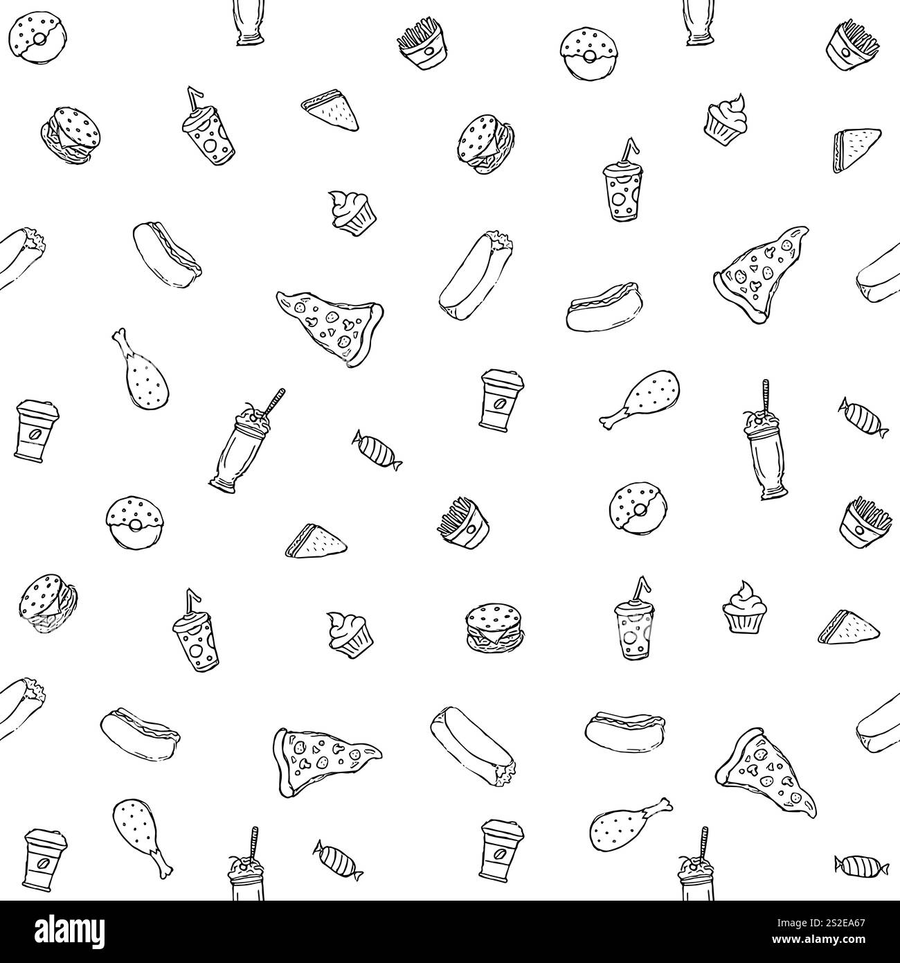 Nahtloses Fast Food-Muster. Illustration zum Fast Food. Gezeichnetes Lebensmittelmuster Stockfoto