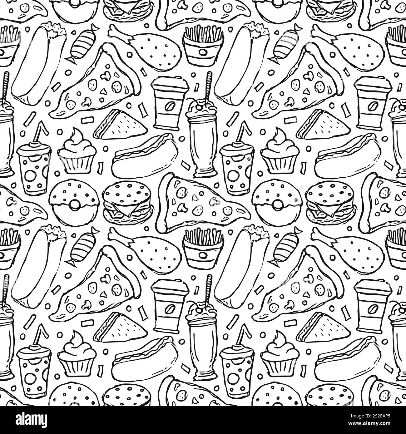 Nahtloses Fast Food-Muster. Illustration zum Fast Food. Gezeichnetes Lebensmittelmuster Stockfoto