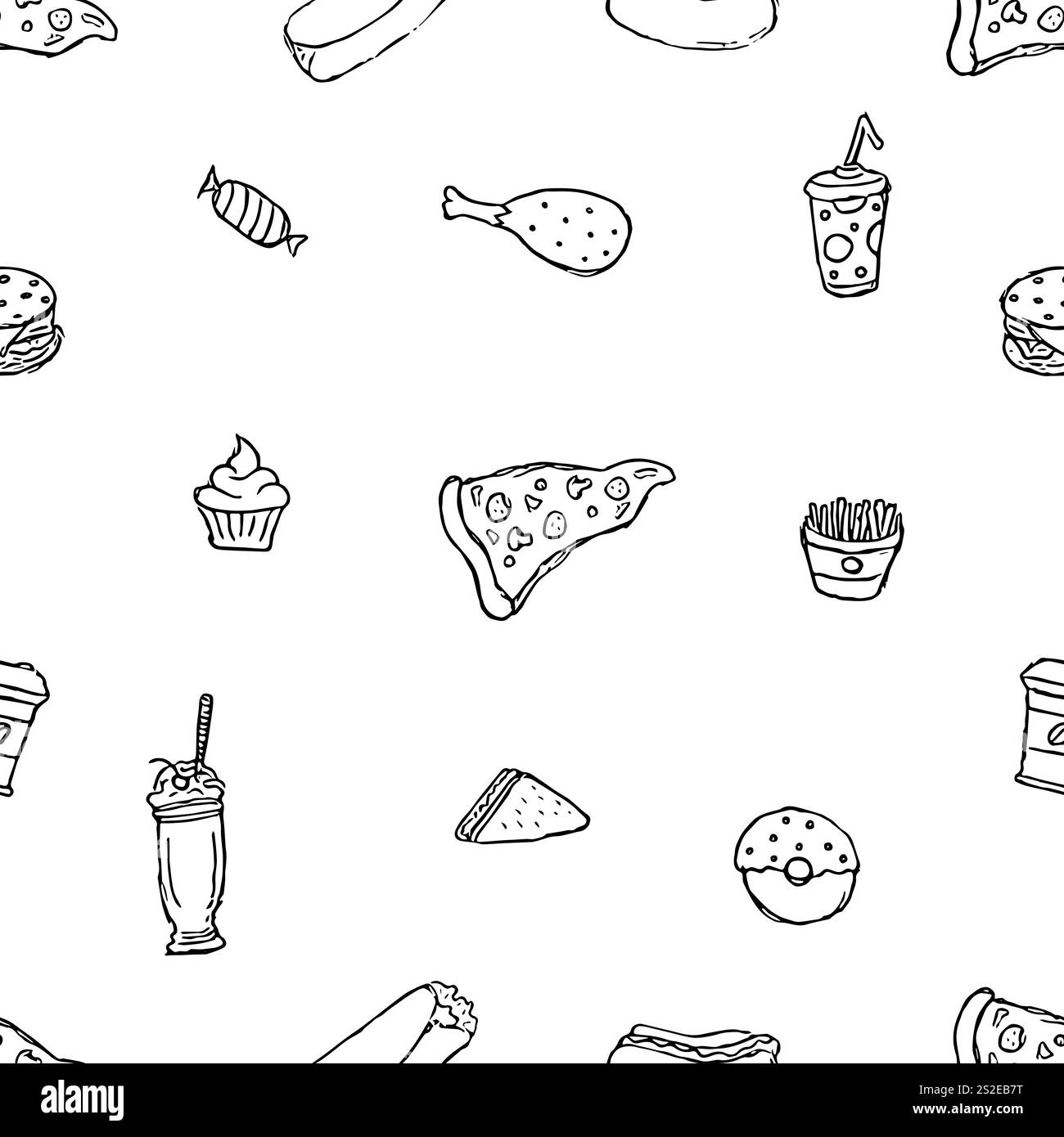 Nahtloses Fast Food-Muster. Illustration zum Fast Food. Gezeichnetes Lebensmittelmuster Stockfoto