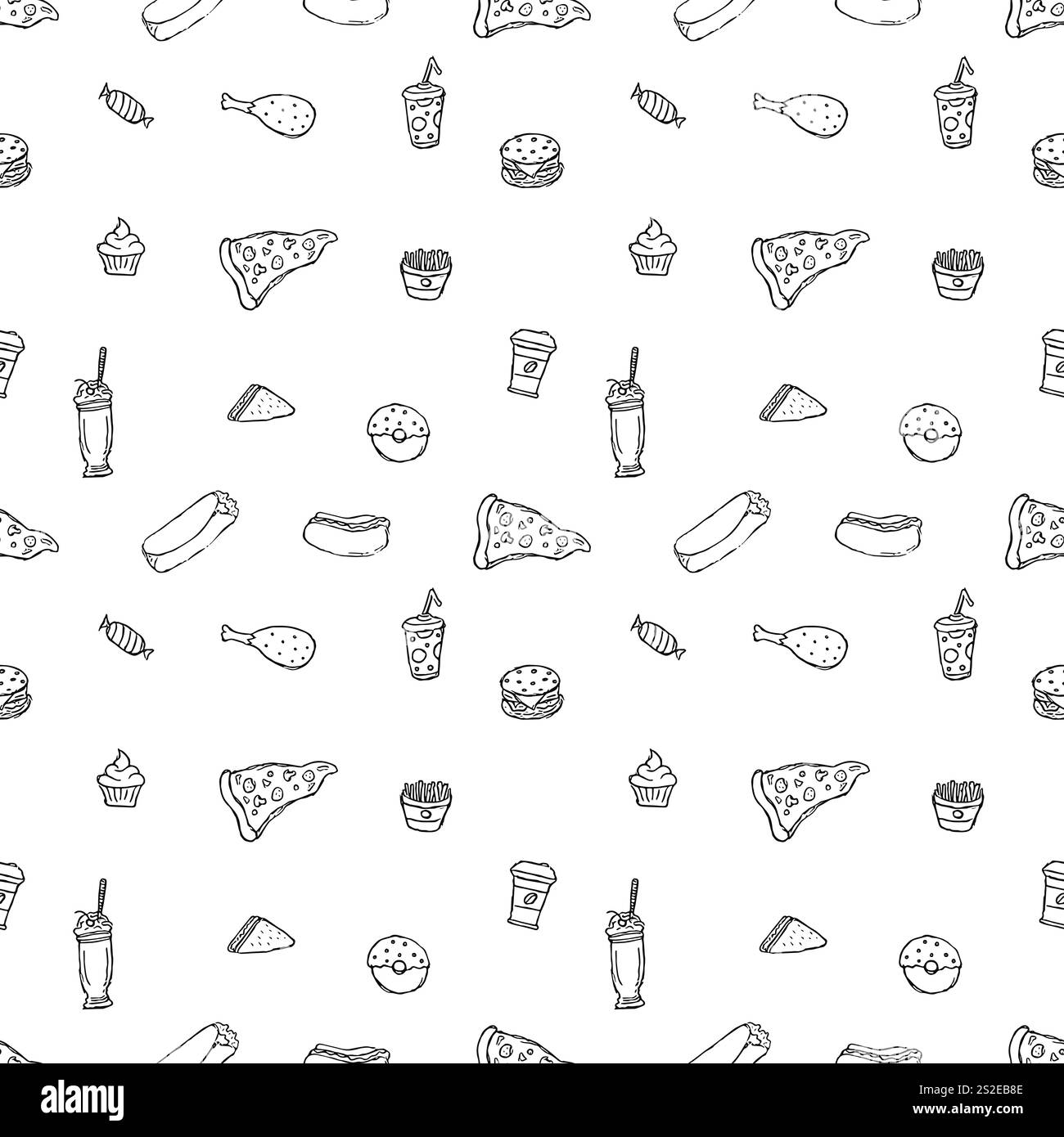 Nahtloses Fast Food-Muster. Illustration zum Fast Food. Gezeichnetes Lebensmittelmuster Stockfoto